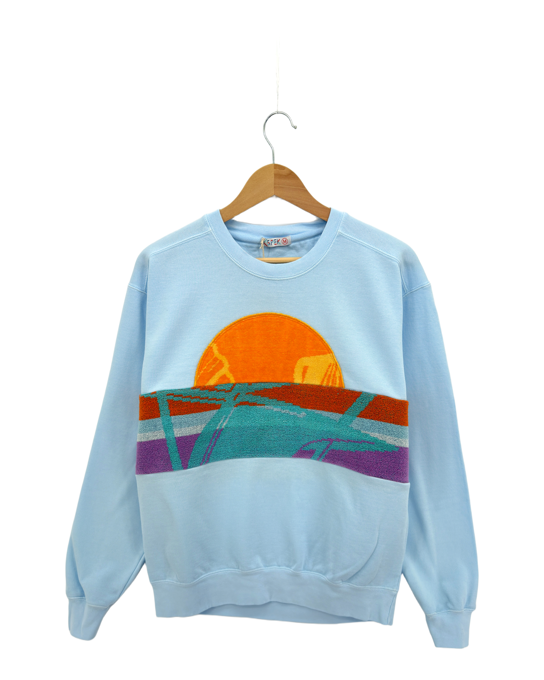 Medium Aqua Sunset Chaser "Tangerine Horizon" — one-of-a-kind upcycled vintage beach towel sweatshirt, handmade by Kspek, view 4