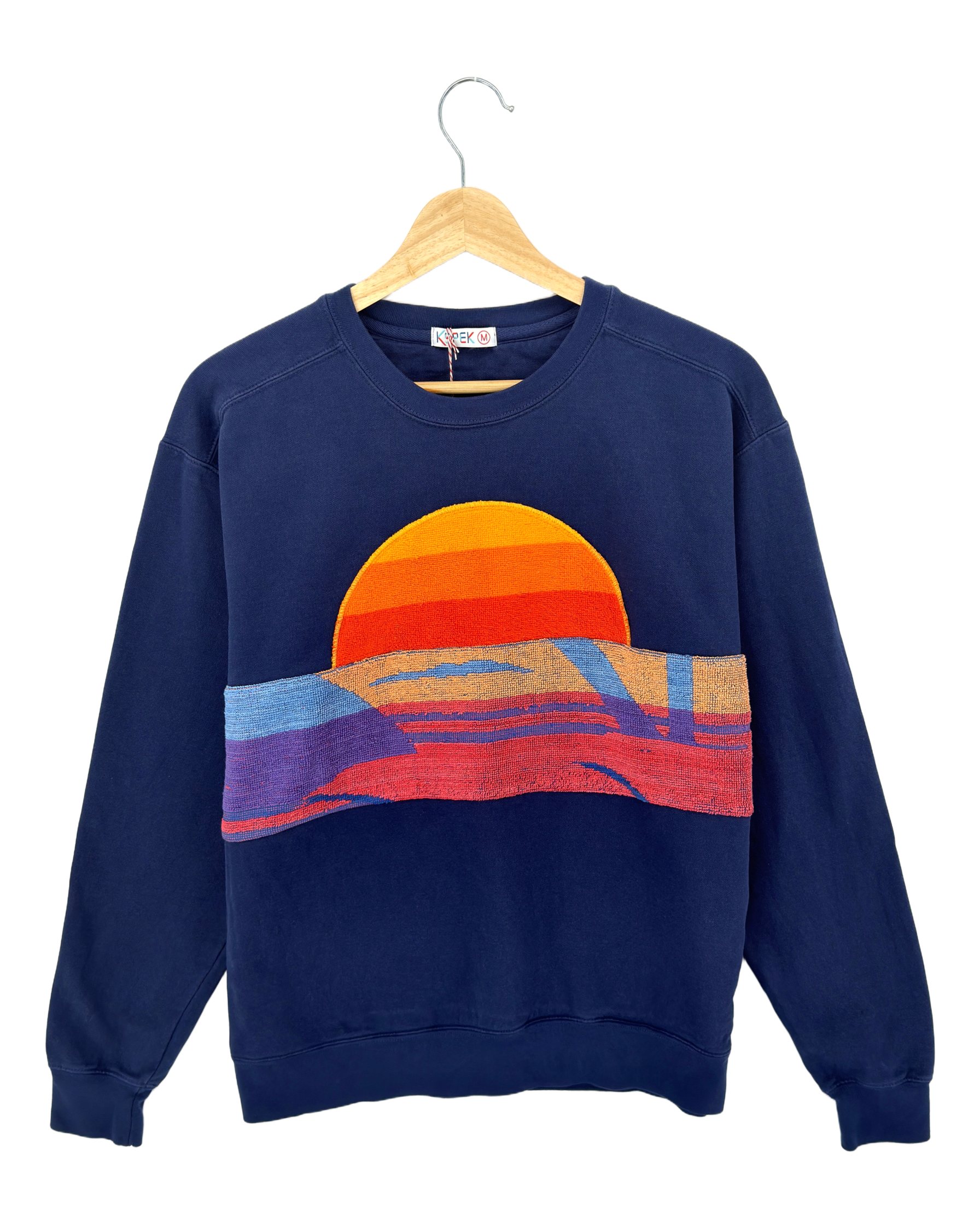 Medium Navy Sunset Chaser "Horizon Groove" — one-of-a-kind upcycled vintage beach towel sweatshirt, handmade by Kspek, view 3