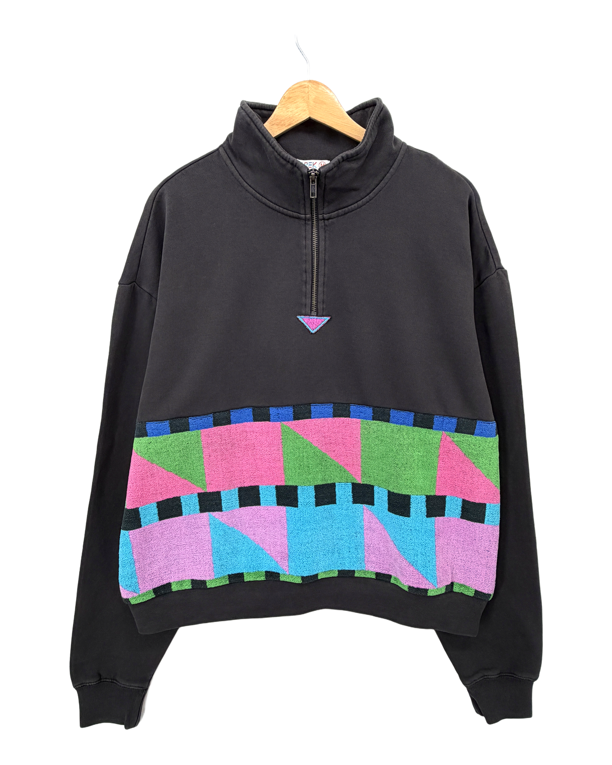 Medium Faded Black 1/4 Zip "80's Dream" — handmade by Kspek from upcycled vintage textiles