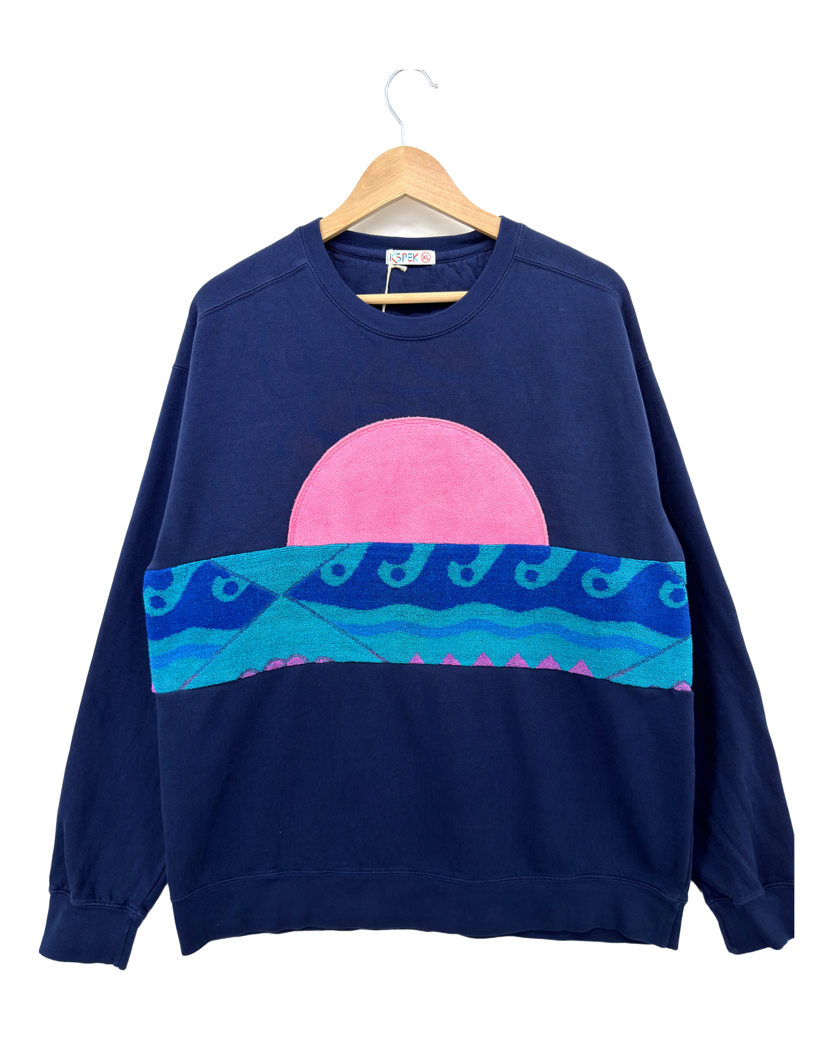 X-Large Navy Sunset Chaser "Pink Sea Horizon" — one-of-a-kind upcycled vintage beach towel sweatshirt, handmade by Kspek, view 4