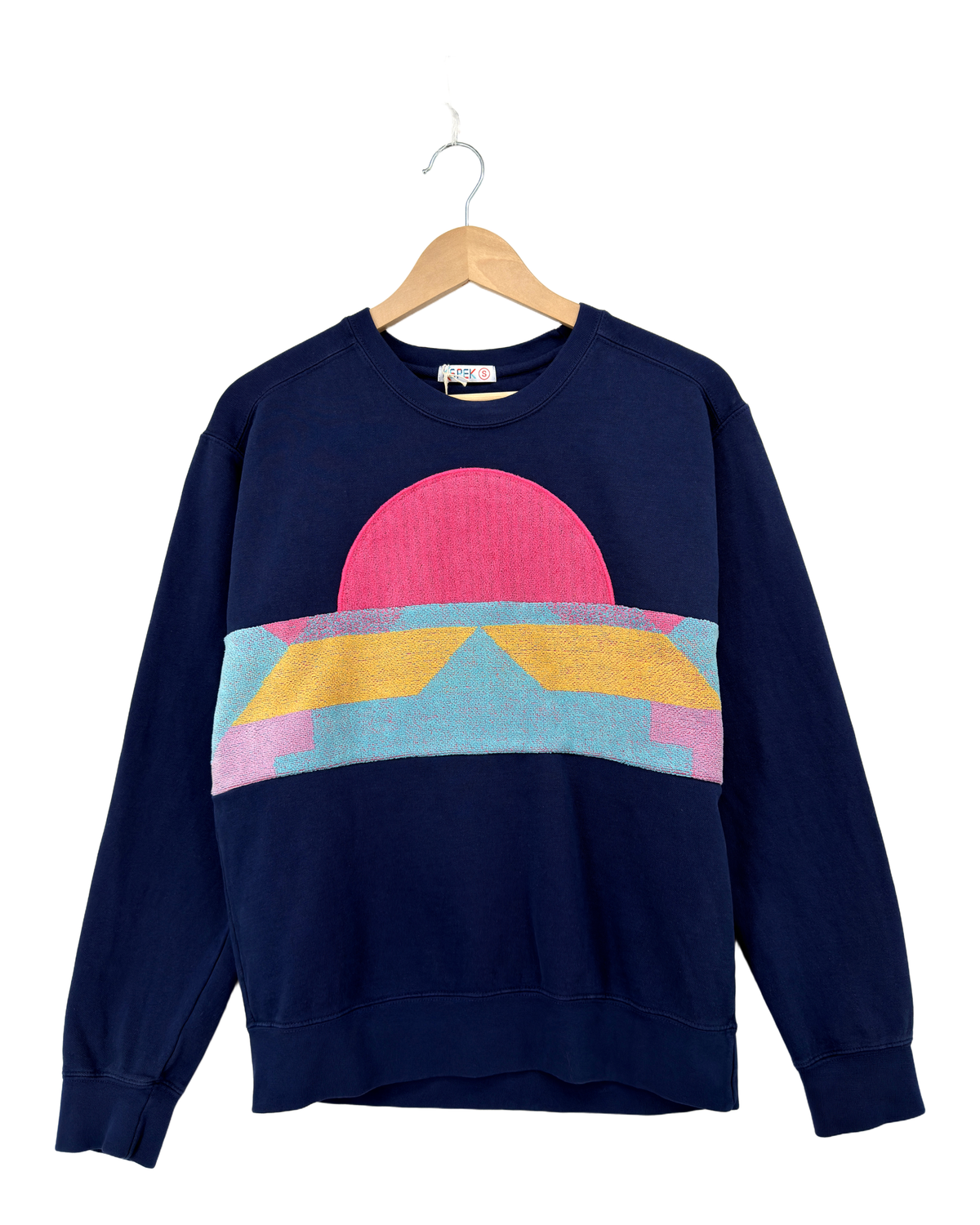 Small Navy Sunset Chaser "Canyon Sunset Arch" — one-of-a-kind upcycled vintage beach towel sweatshirt, handmade by Kspek, view 4
