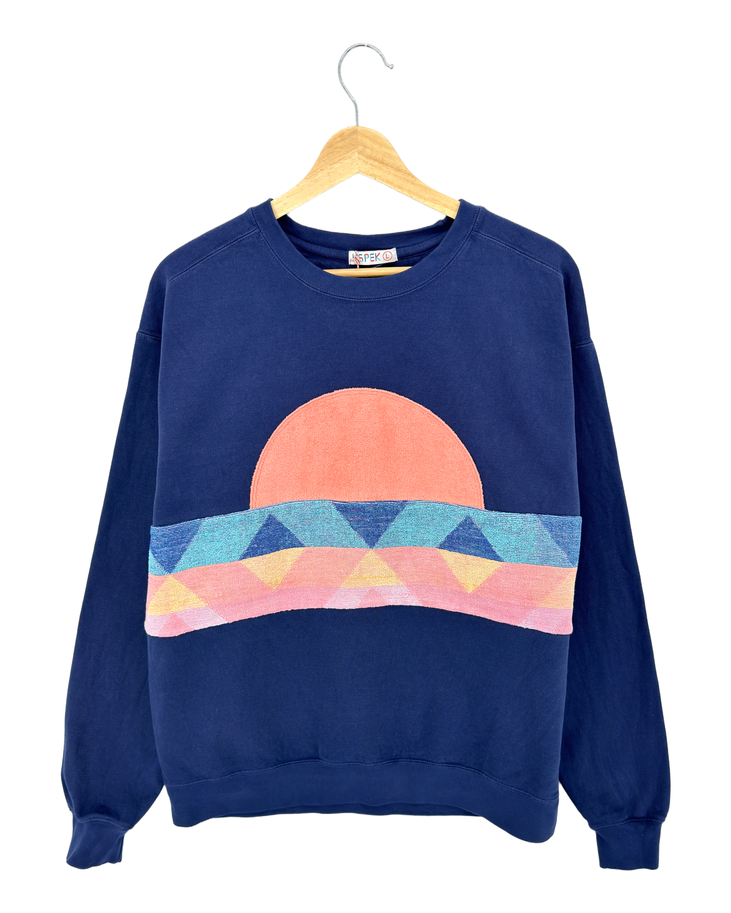 Large Navy Sunset Chaser "Horizon Bliss" — one-of-a-kind upcycled vintage beach towel sweatshirt, handmade by Kspek, view 3