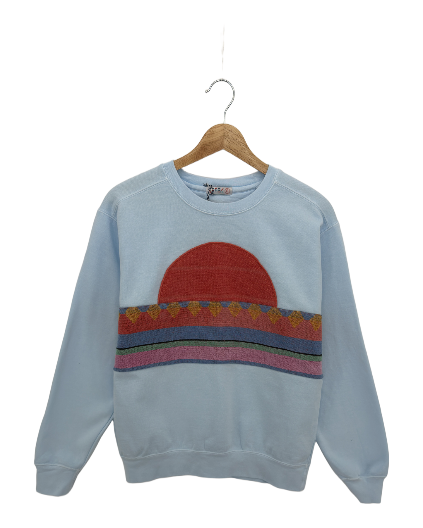 Small Aqua Sunset Chaser "Beachfront Bliss" — one-of-a-kind upcycled vintage beach towel sweatshirt, handmade by Kspek, view 3