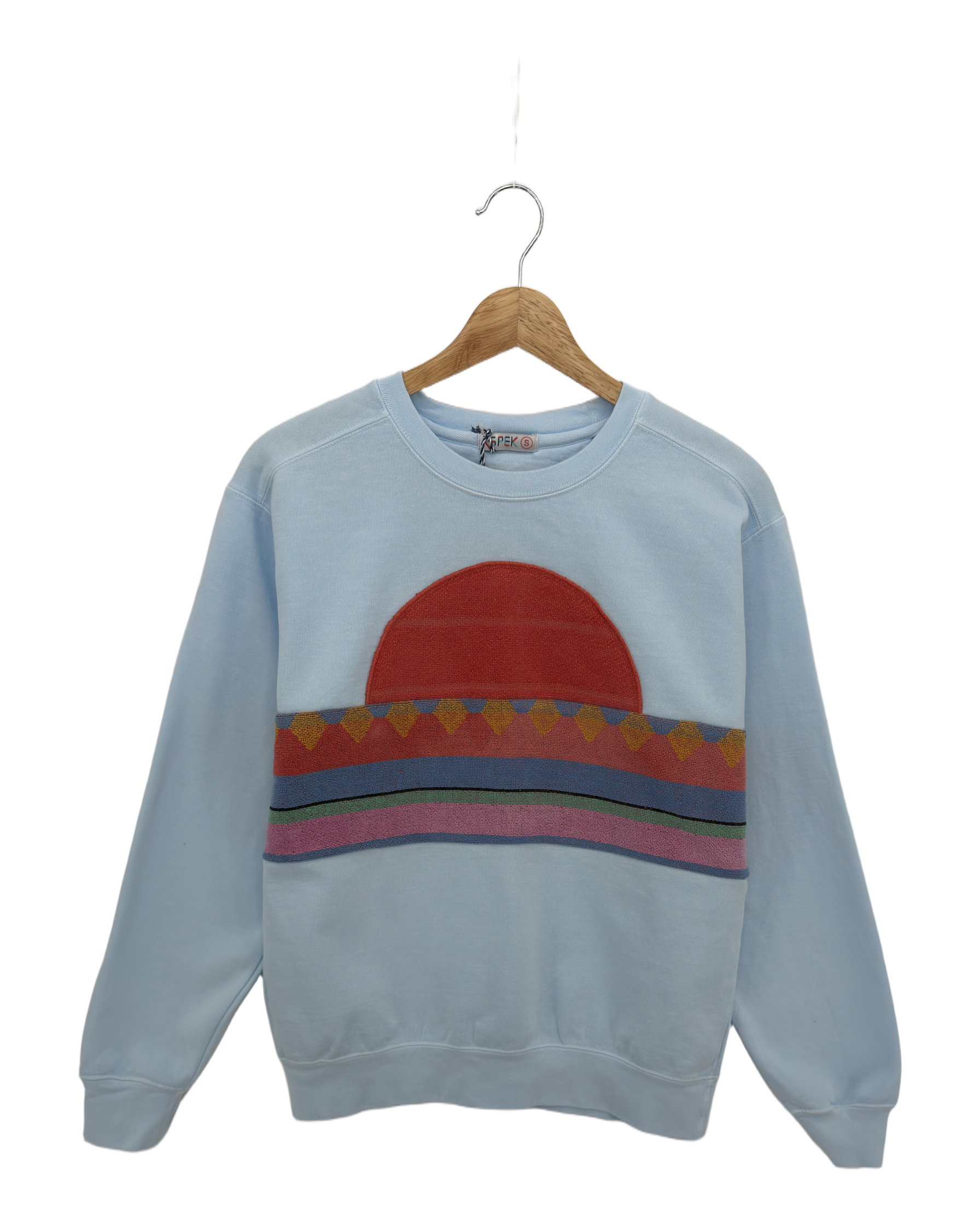 Small Aqua Sunset Chaser "Beachfront Bliss" — one-of-a-kind upcycled vintage beach towel sweatshirt, handmade by Kspek, view 3