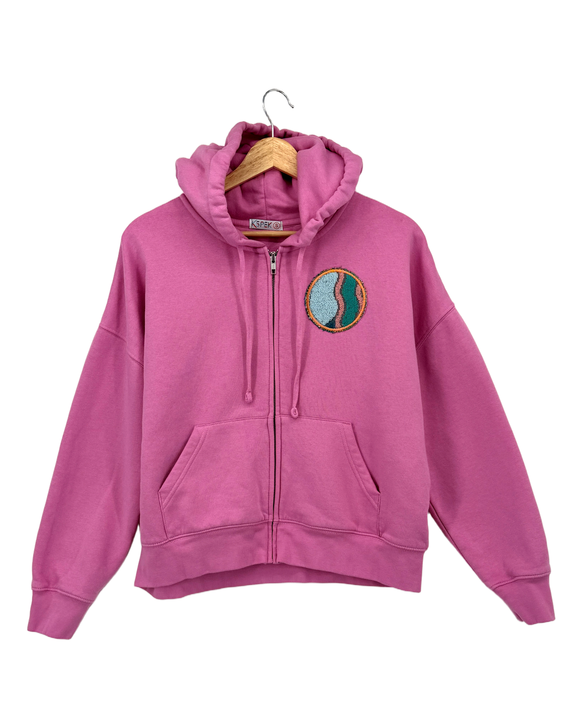 Small Pink Making a Scene Zip Up Hoodie — one-of-a-kind upcycled vintage beach towel piece, handmade by Kspek, view 2
