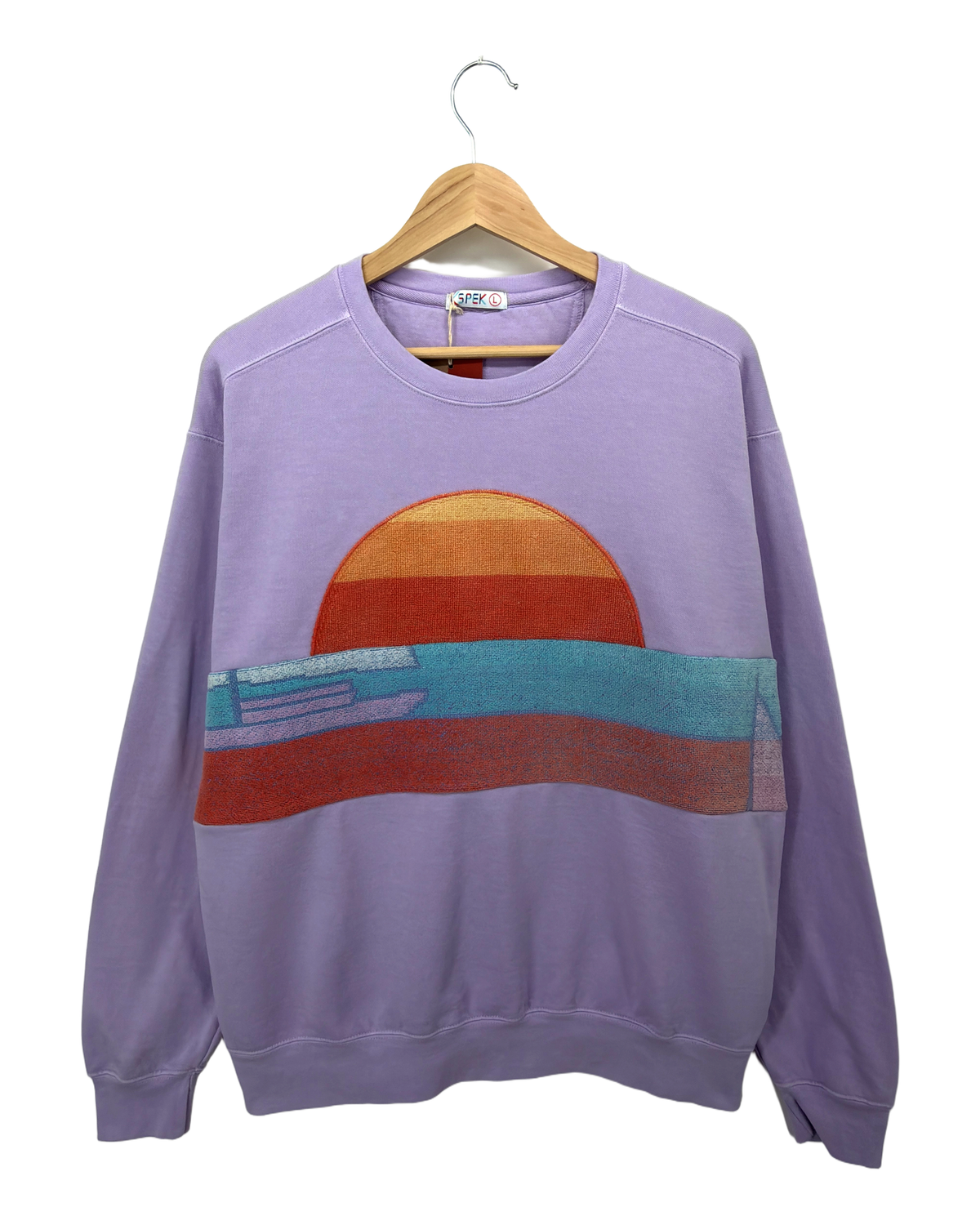 Large Lavender Sunset Chaser "Striped Ocean Drop" — one-of-a-kind upcycled vintage beach towel sweatshirt, handmade by Kspek, view 4