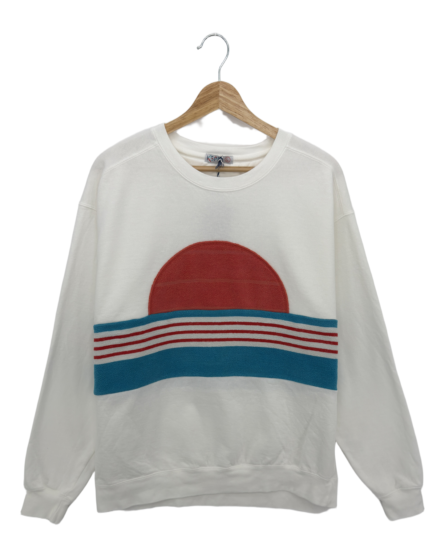 Large White Sunset Chaser "Coastal Sunrise" — one-of-a-kind upcycled vintage beach towel sweatshirt, handmade by Kspek, view 3