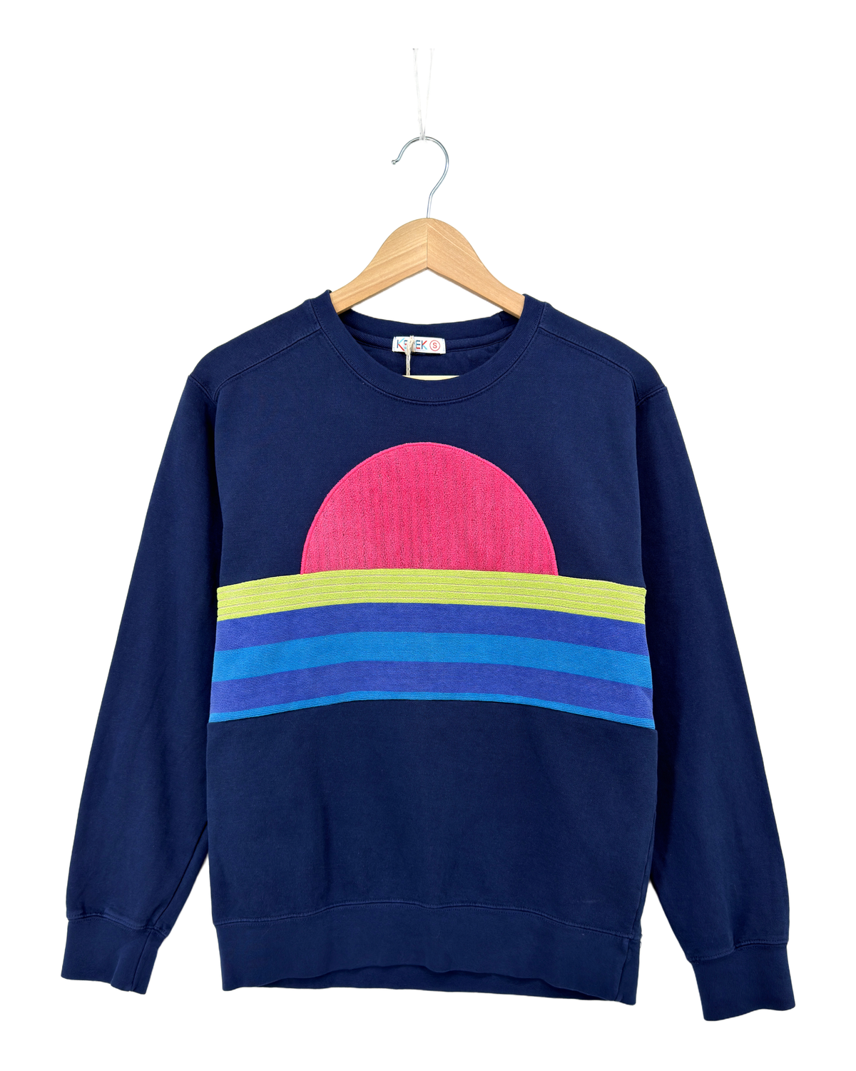 Small Navy Sunset Chaser "Neon Sundome" — one-of-a-kind upcycled vintage beach towel sweatshirt, handmade by Kspek, view 4