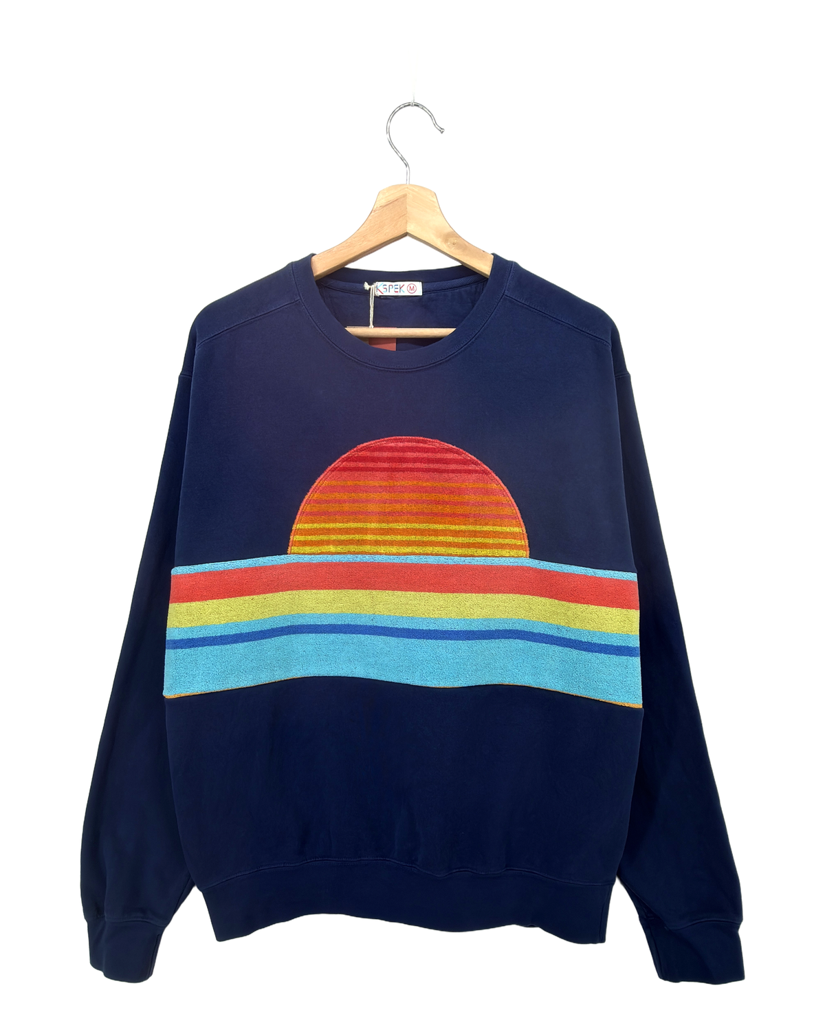 Medium Navy Sunset Chaser "Striped Solar Arc" — one-of-a-kind upcycled vintage beach towel sweatshirt, handmade by Kspek, view 4