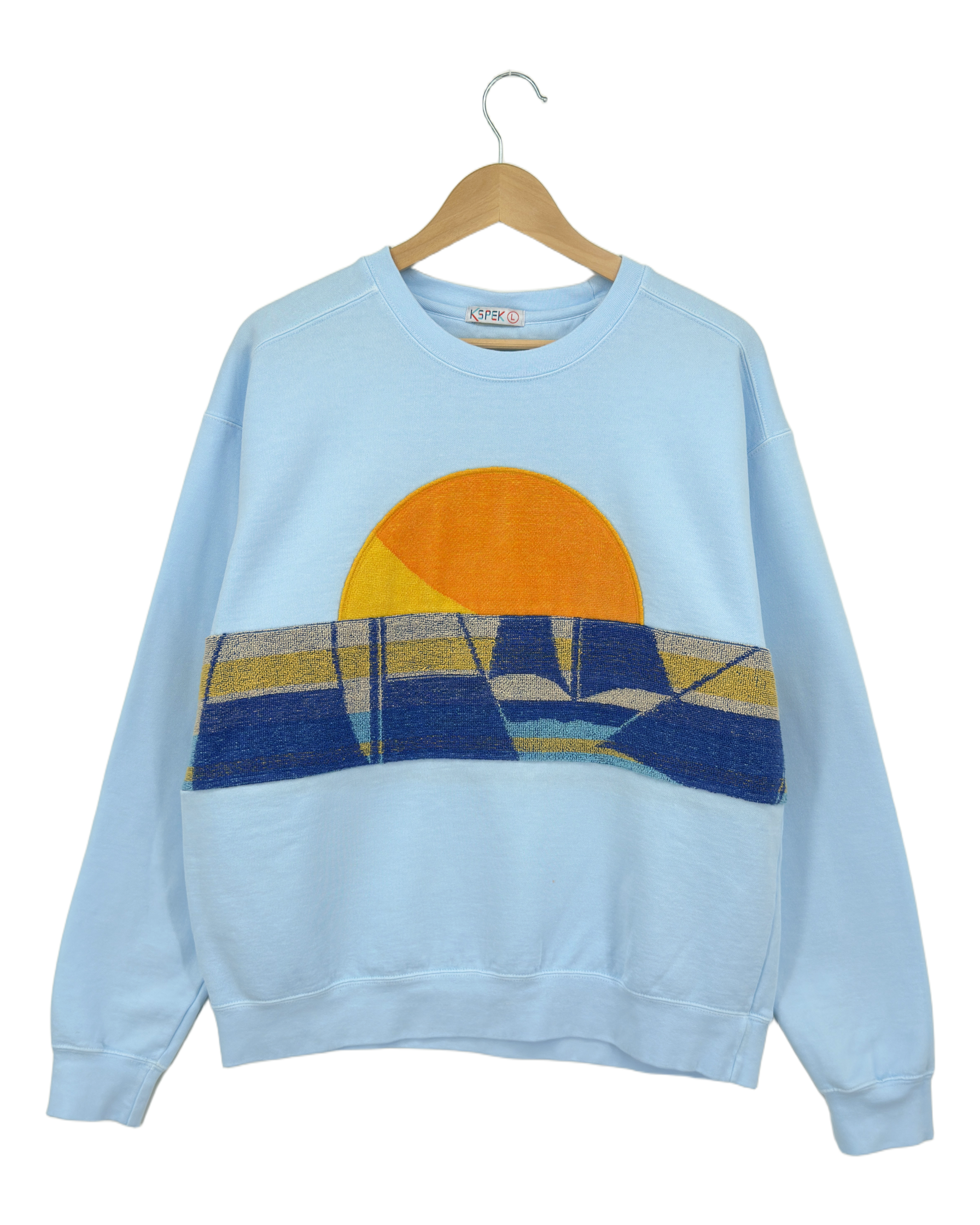 Large Aqua Sunset Chaser "Sailboat Sundown" — one-of-a-kind upcycled vintage beach towel sweatshirt, handmade by Kspek, view 4