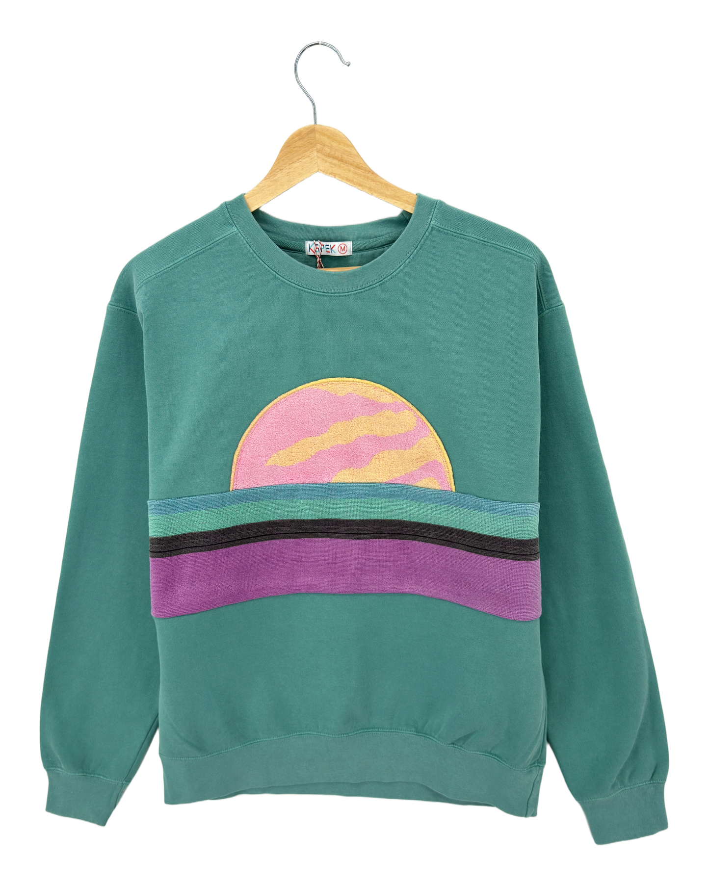 Medium Light Jade Sunset Chaser "Coastal Escape" — one-of-a-kind upcycled vintage beach towel sweatshirt, handmade by Kspek, view 3