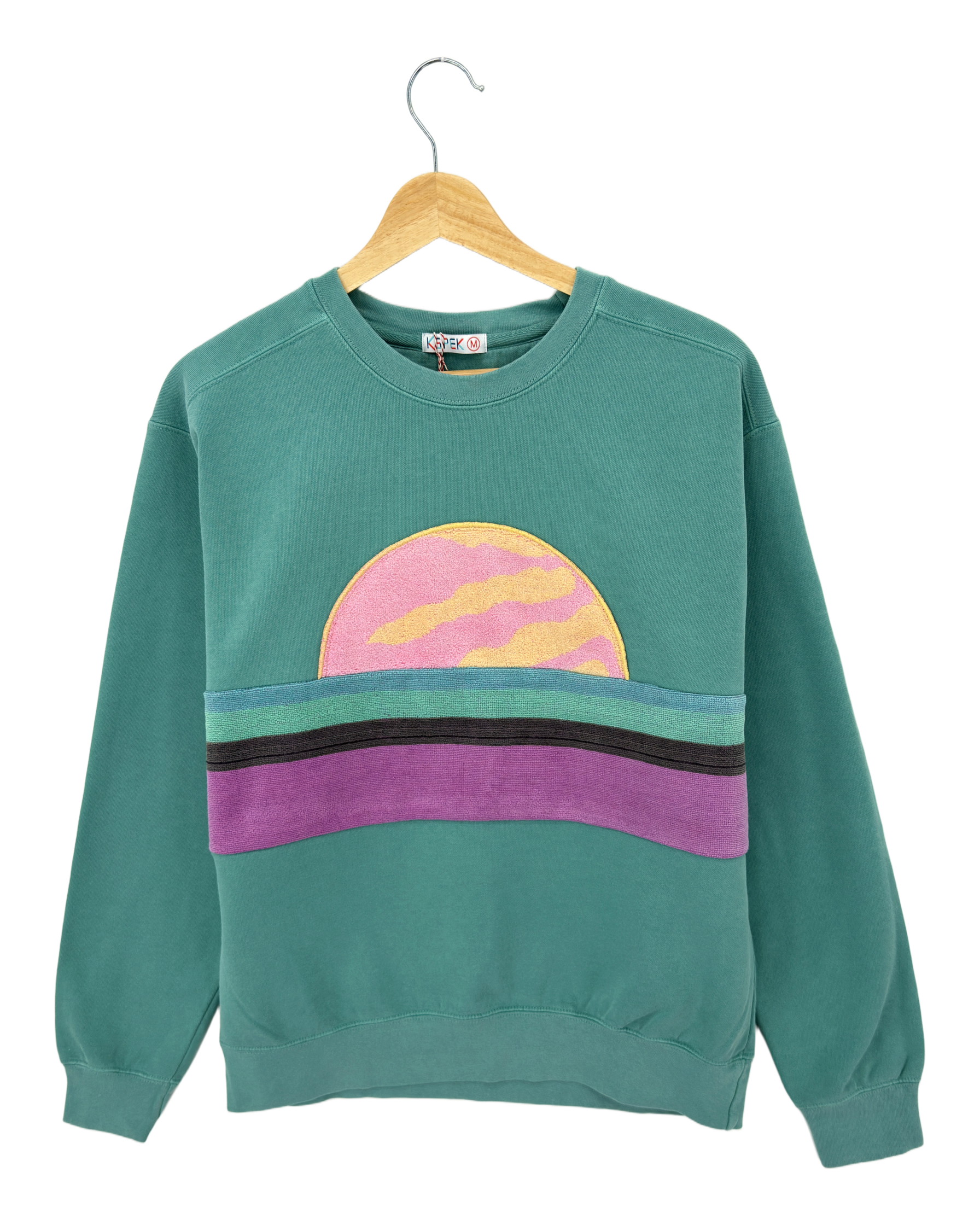 Medium Light Jade Sunset Chaser "Coastal Escape" — one-of-a-kind upcycled vintage beach towel sweatshirt, handmade by Kspek, view 3