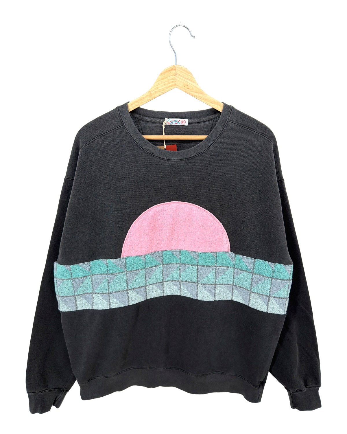 X-Large Pepper Sunset Chaser "Pastel Mosaic Dawn" — one-of-a-kind upcycled vintage beach towel sweatshirt, handmade by Kspek, view 4