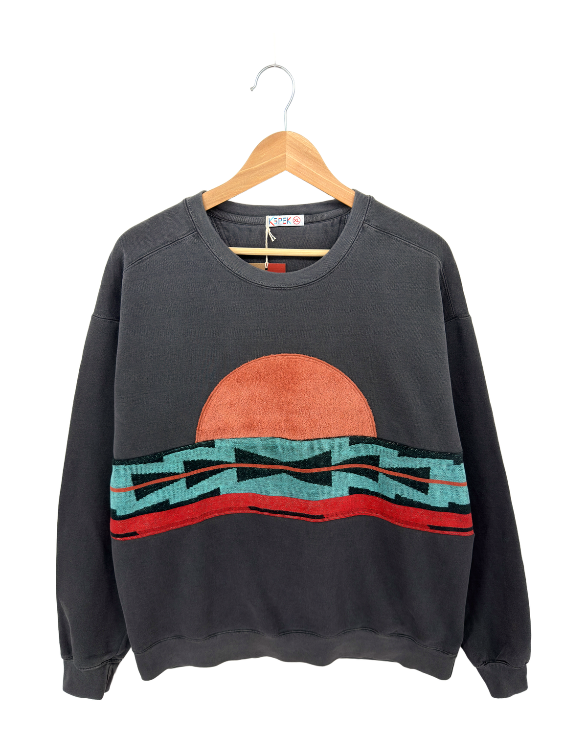 X-Large Pepper Sunset Chaser "Rustic Sun Waves" — one-of-a-kind upcycled vintage beach towel sweatshirt, handmade by Kspek, view 4