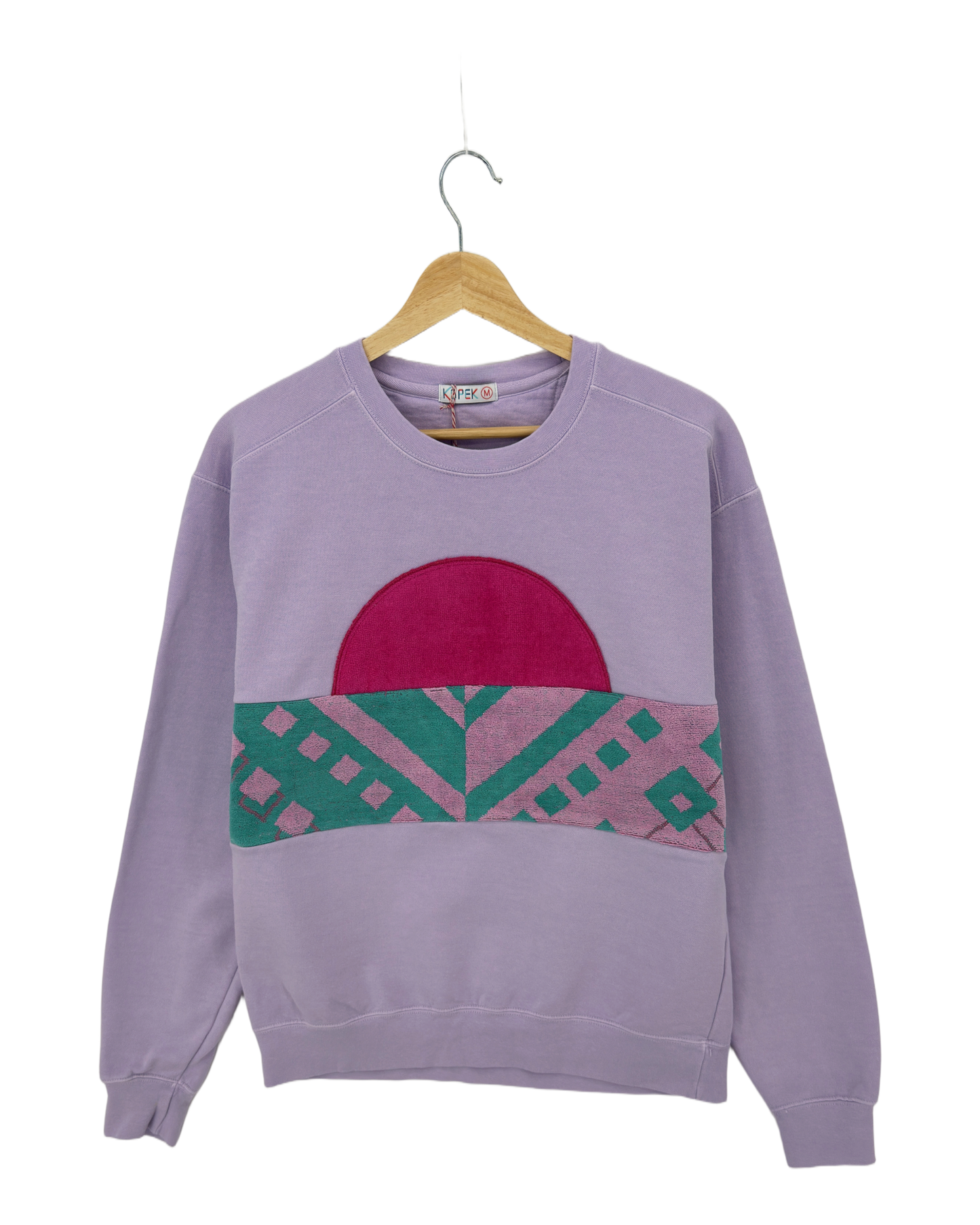 Medium Lavender Sunset Chaser "Retro Tidescape" — one-of-a-kind upcycled vintage beach towel sweatshirt, handmade by Kspek, view 3