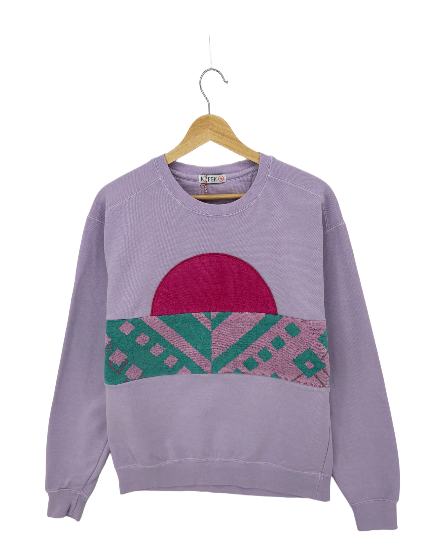 Medium Lavender Sunset Chaser "Retro Tidescape" — one-of-a-kind upcycled vintage beach towel sweatshirt, handmade by Kspek, view 3