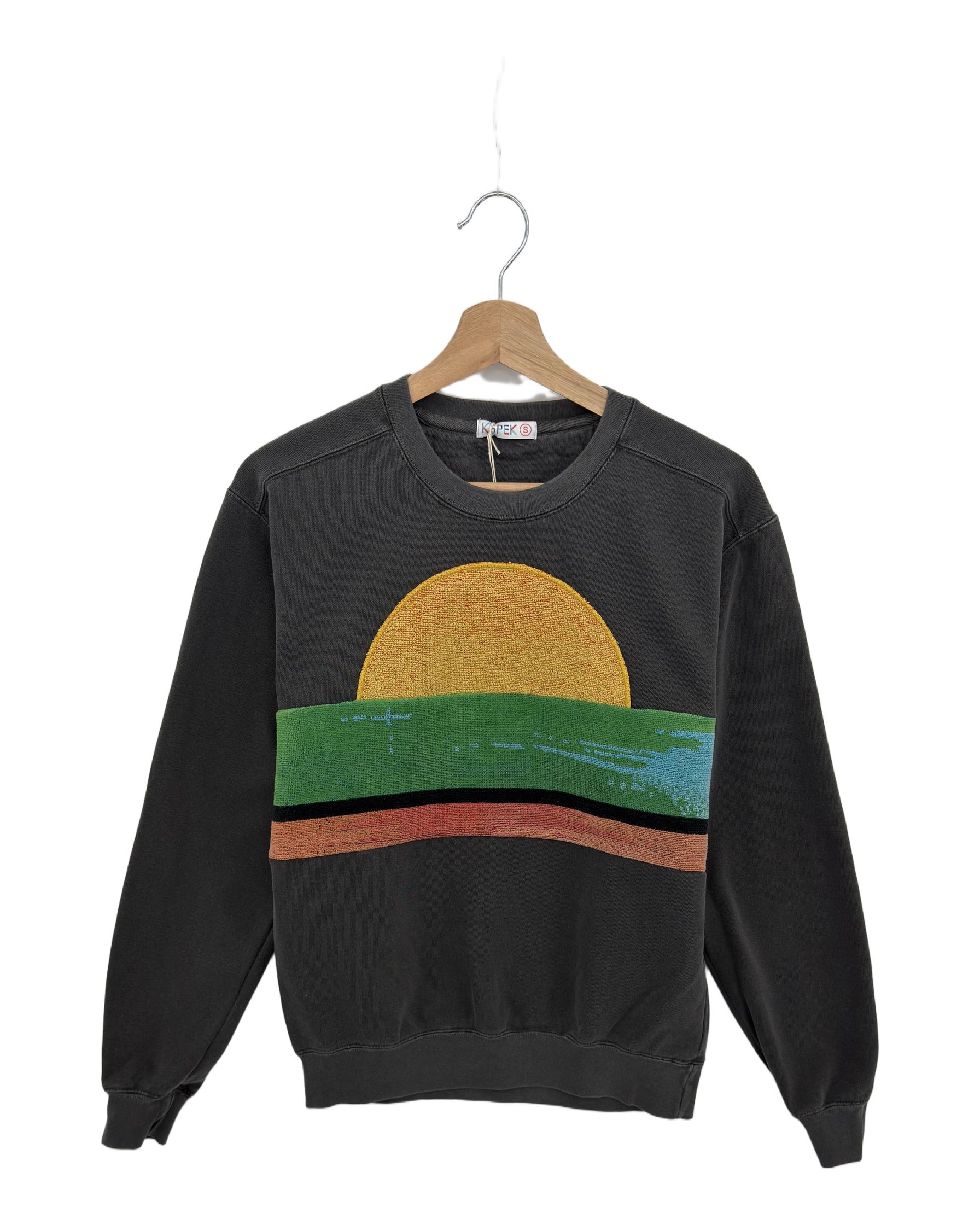 Small Pepper Sunset Chaser "Desert Breeze" — one-of-a-kind upcycled vintage beach towel sweatshirt, handmade by Kspek, view 3