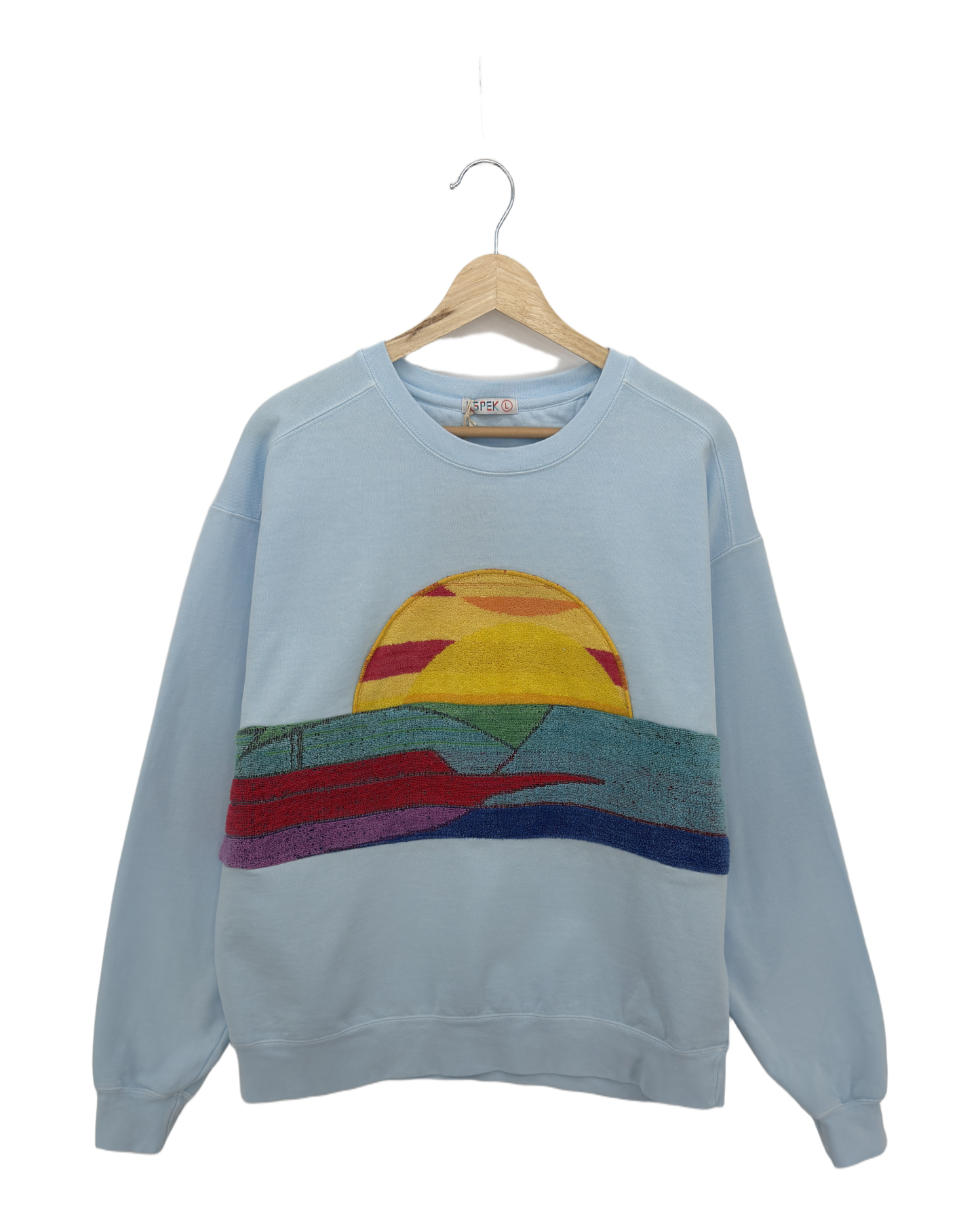 Large Aqua Sunset Chaser "Radiant Coastline" — one-of-a-kind upcycled vintage beach towel sweatshirt, handmade by Kspek, view 3