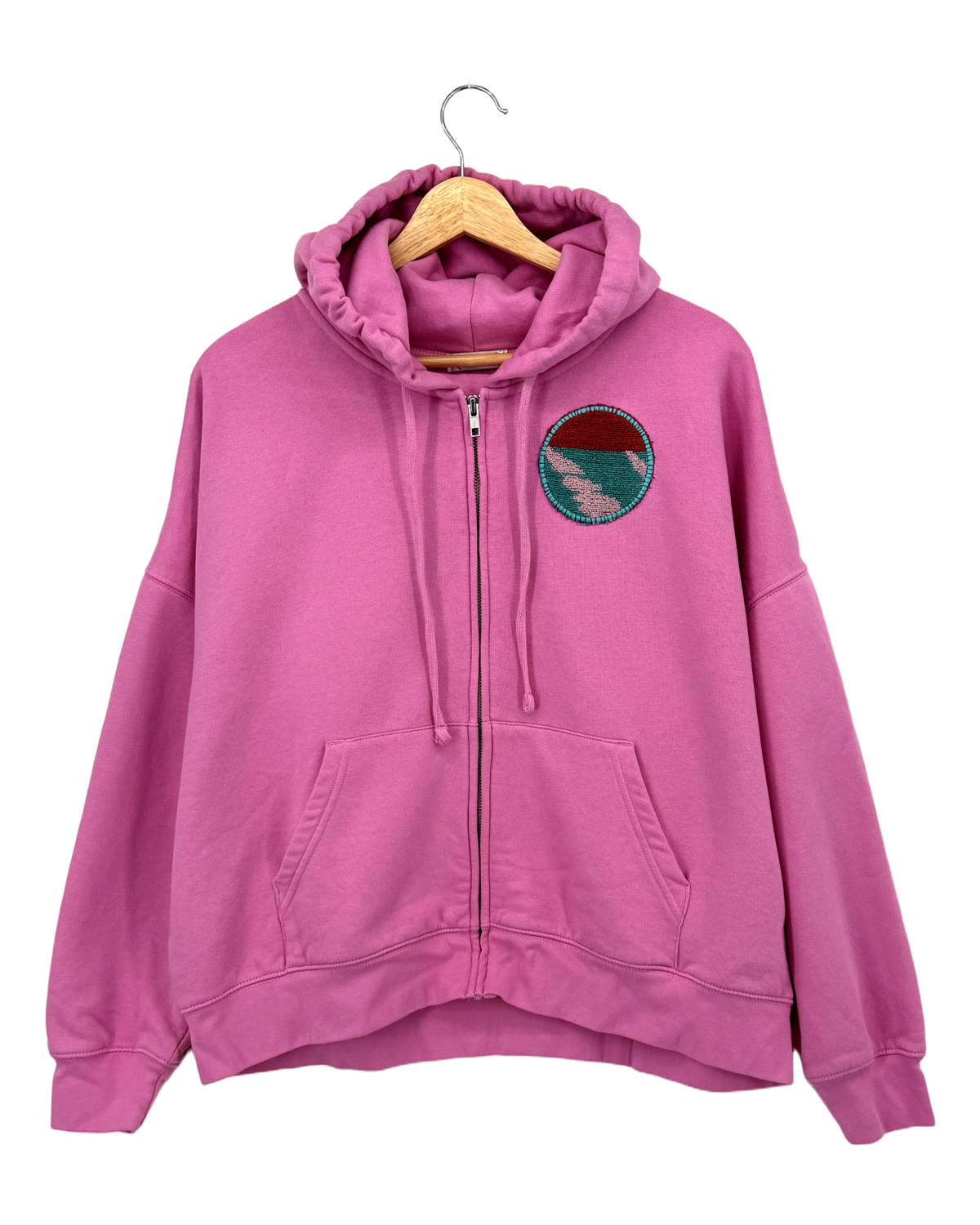 Large Pink Making a Scene Zip Up Hoodie — one-of-a-kind upcycled vintage beach towel piece, handmade by Kspek, view 2