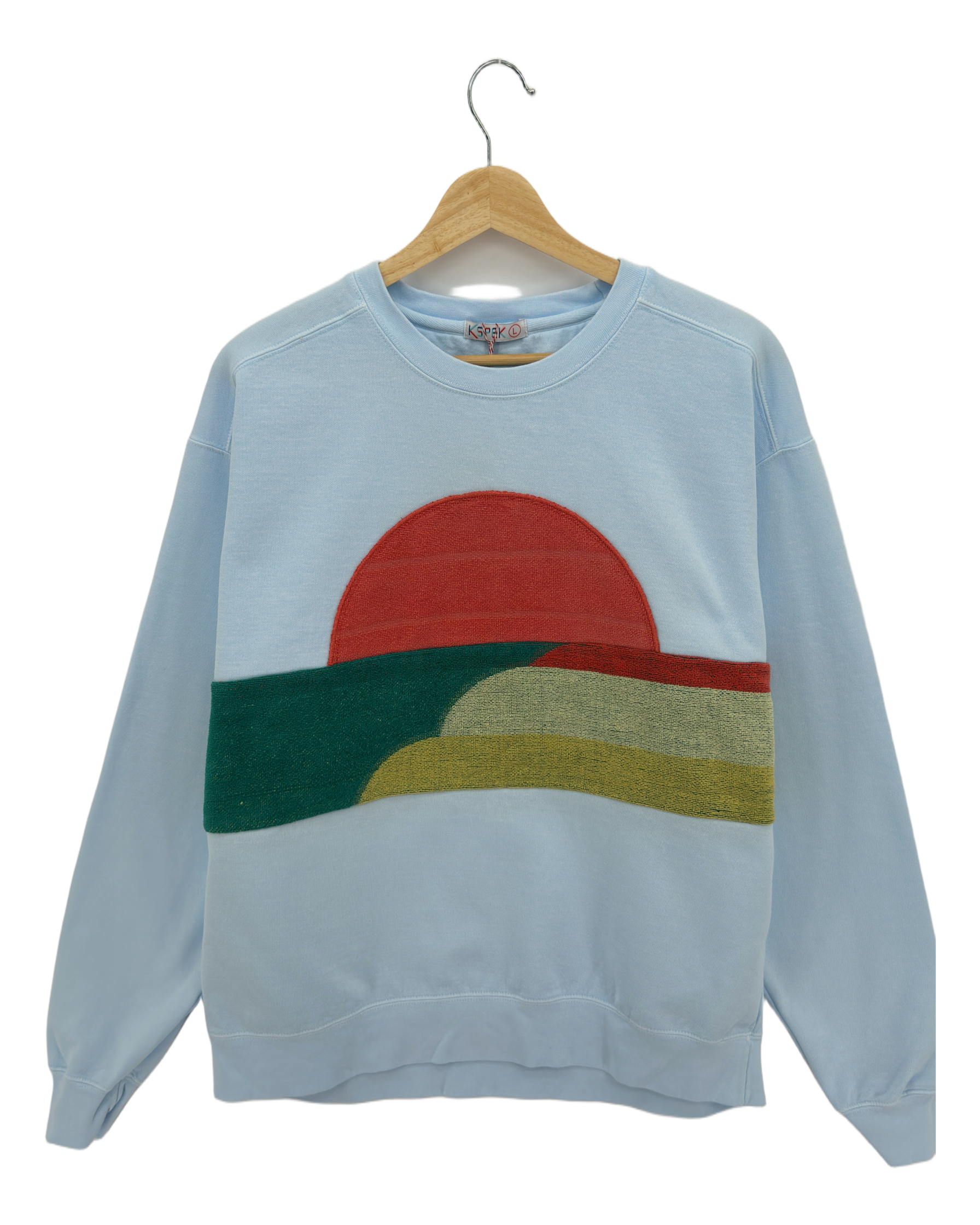Large Aqua Sunset Chaser "Beach Horizon" — one-of-a-kind upcycled vintage beach towel sweatshirt, handmade by Kspek, view 3
