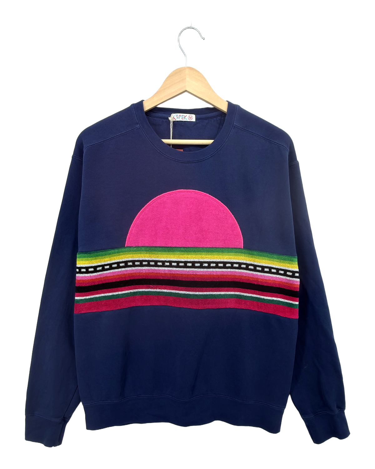 Medium Navy Sunset Chaser "Rainbow Horizon" — one-of-a-kind upcycled vintage beach towel sweatshirt, handmade by Kspek, view 4