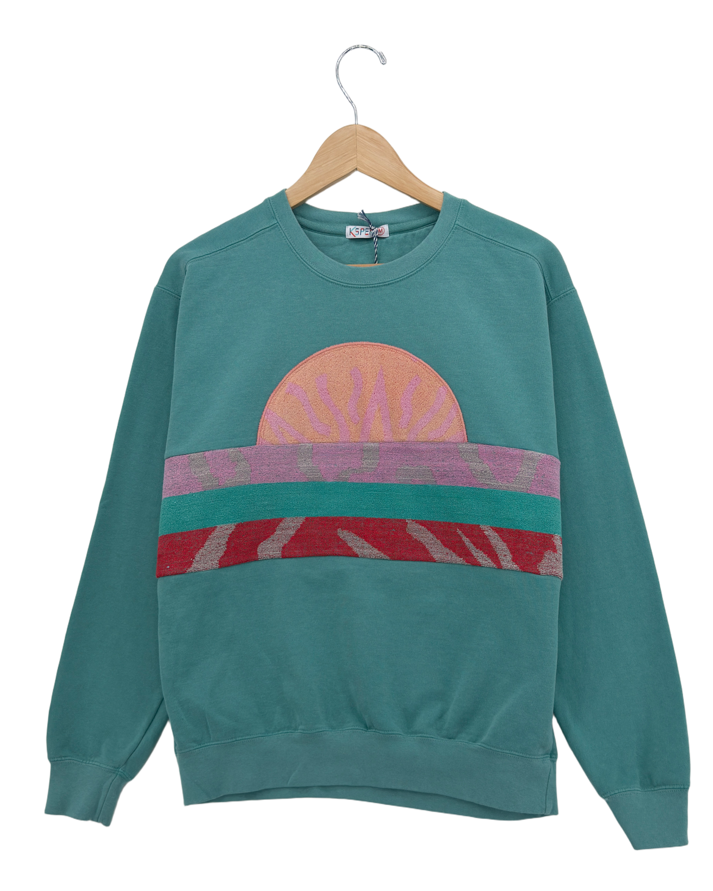 Medium Light Jade Sunset Chaser "Coastal Sunrise" — one-of-a-kind upcycled vintage beach towel sweatshirt, handmade by Kspek, view 3