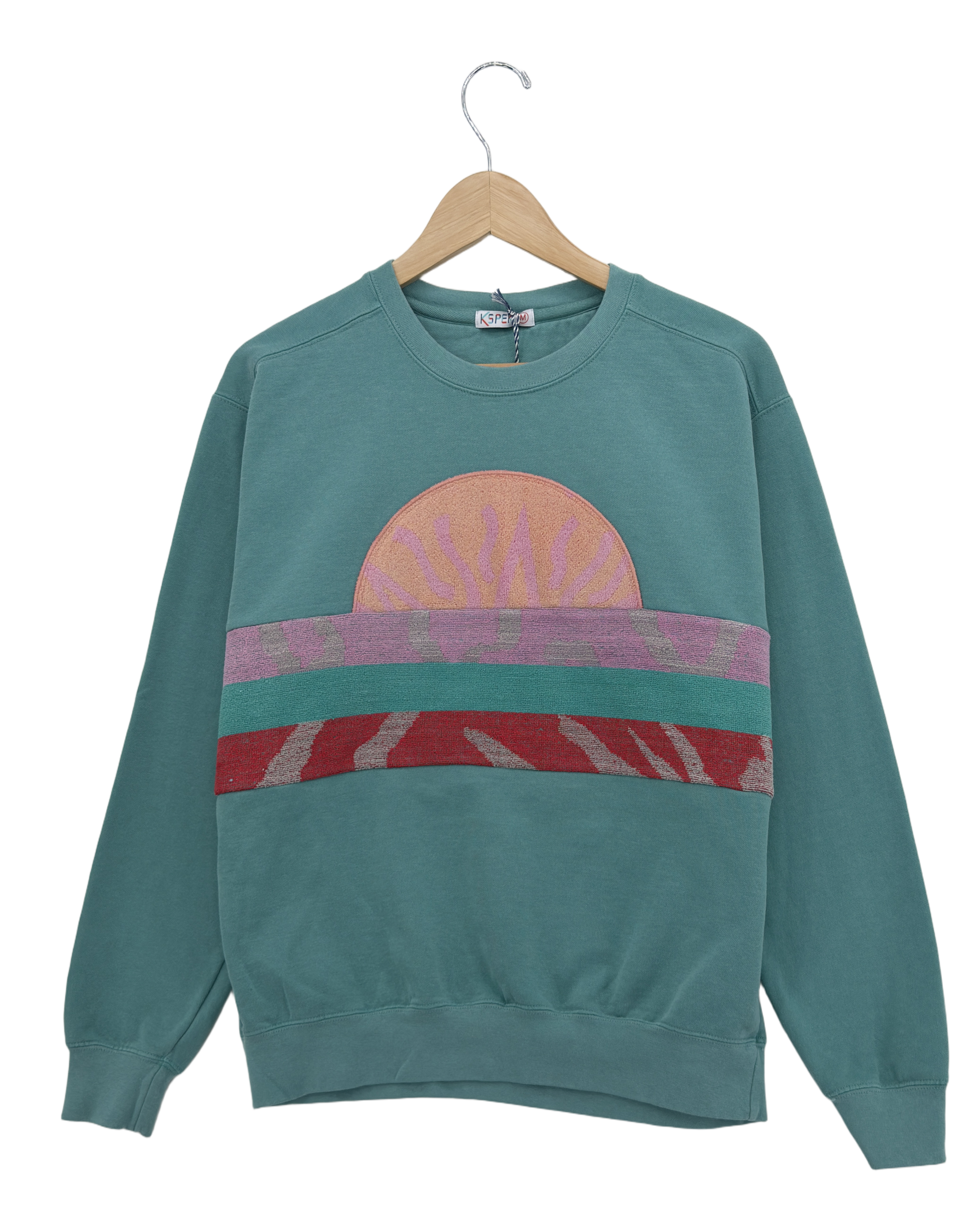 Medium Light Jade Sunset Chaser "Coastal Sunrise" — one-of-a-kind upcycled vintage beach towel sweatshirt, handmade by Kspek, view 3