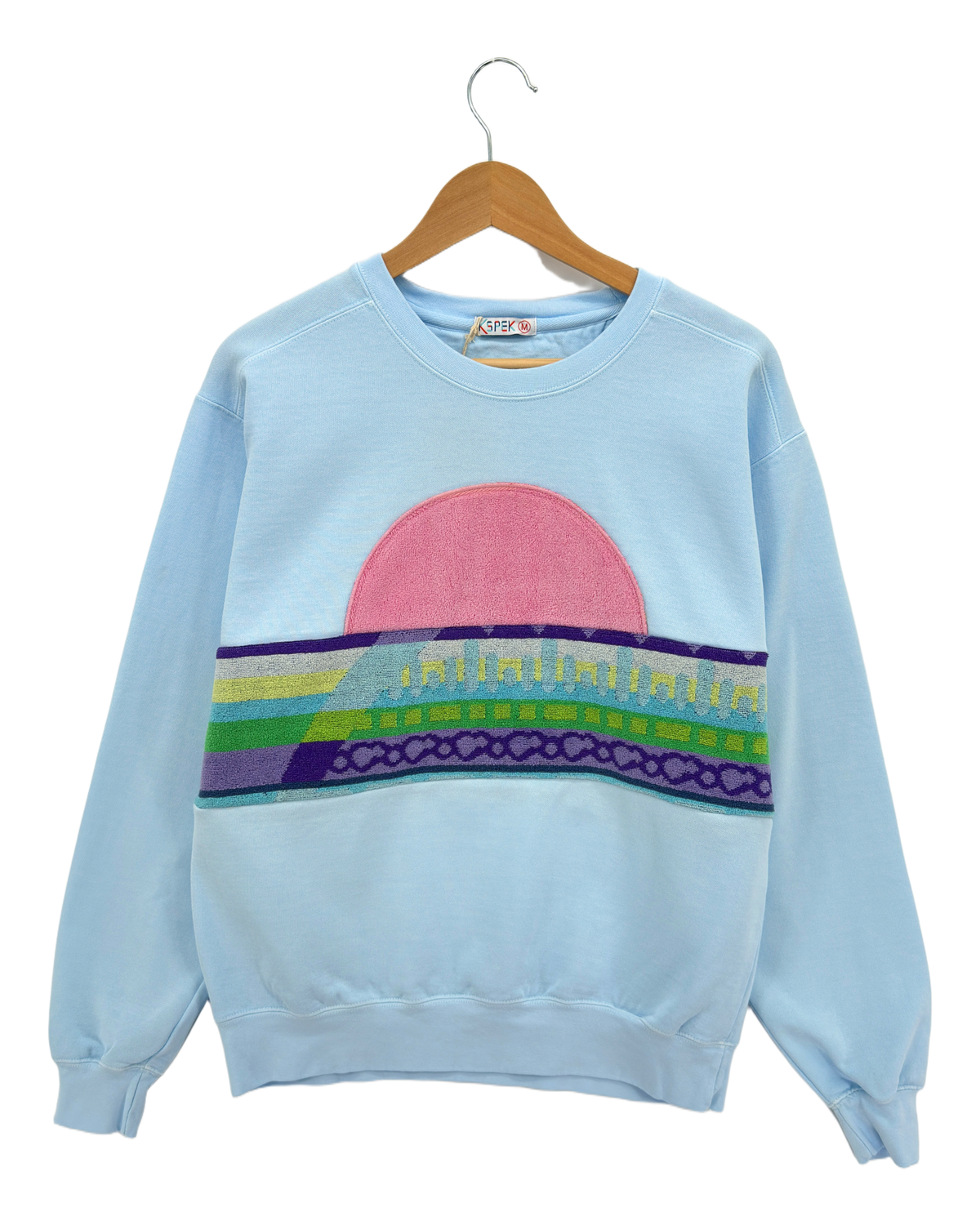 Medium Aqua Sunset Chaser "Neon Horizon" — one-of-a-kind upcycled vintage beach towel sweatshirt, handmade by Kspek, view 4