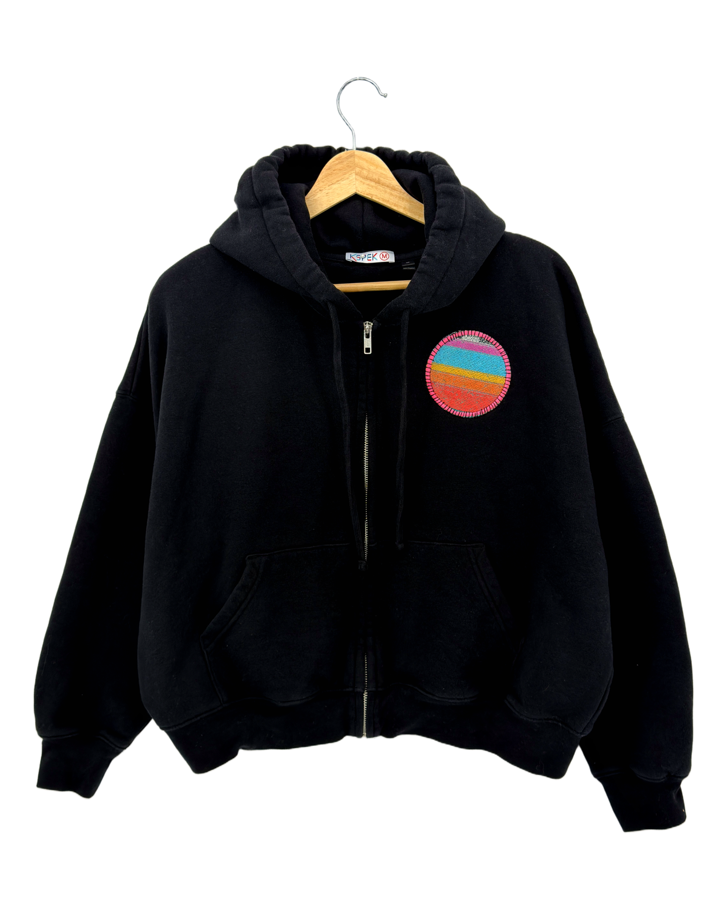 Medium Black Making a Scene Zip Up Hoodie — one-of-a-kind upcycled vintage beach towel piece, handmade by Kspek, view 2