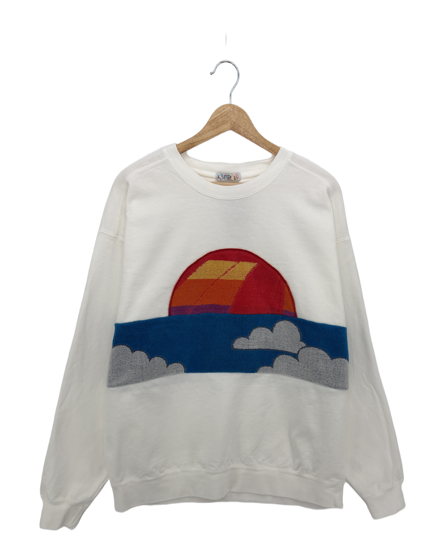 Large White Sunset Chaser "Coastal Horizon" — one-of-a-kind upcycled vintage beach towel sweatshirt, handmade by Kspek, view 3