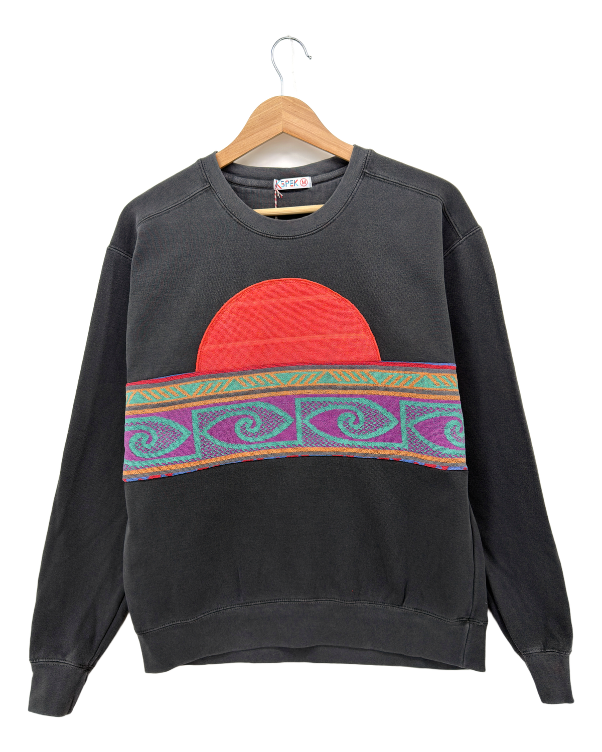 Medium Pepper Sunset Chaser "Spiral Sunset Bands" — one-of-a-kind upcycled vintage beach towel sweatshirt, handmade by Kspek, view 4