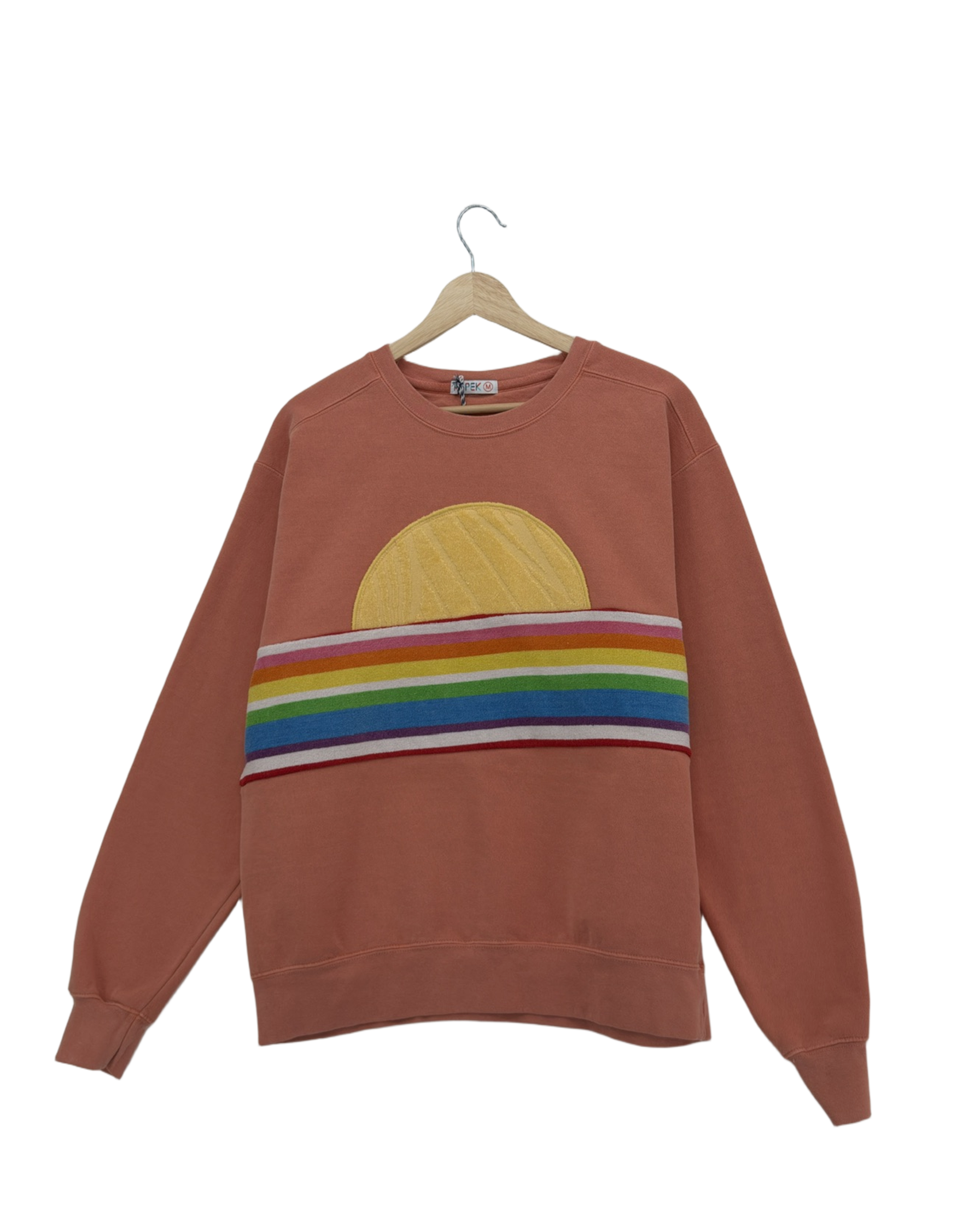 Medium Terracotta Sunset Chaser "Waves and Sun" — one-of-a-kind upcycled vintage beach towel sweatshirt, handmade by Kspek, view 3