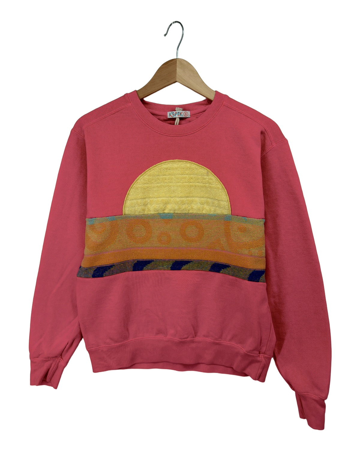 Small Watermelon Sunset Chaser "Orbital Sundial" — one-of-a-kind upcycled vintage beach towel sweatshirt, handmade by Kspek, view 4