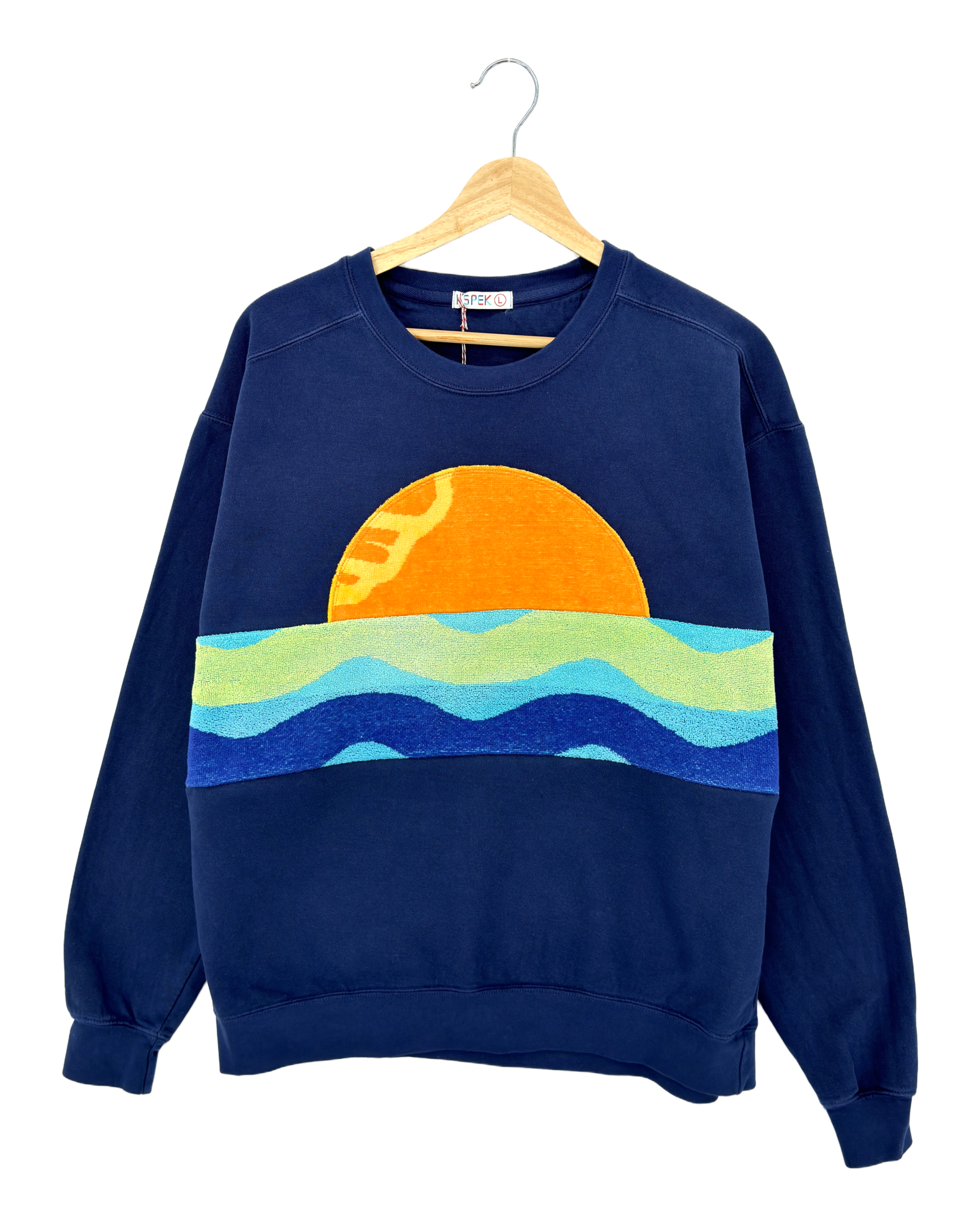 Large Navy Sunset Chaser "Ocean Horizon" — one-of-a-kind upcycled vintage beach towel sweatshirt, handmade by Kspek, view 3