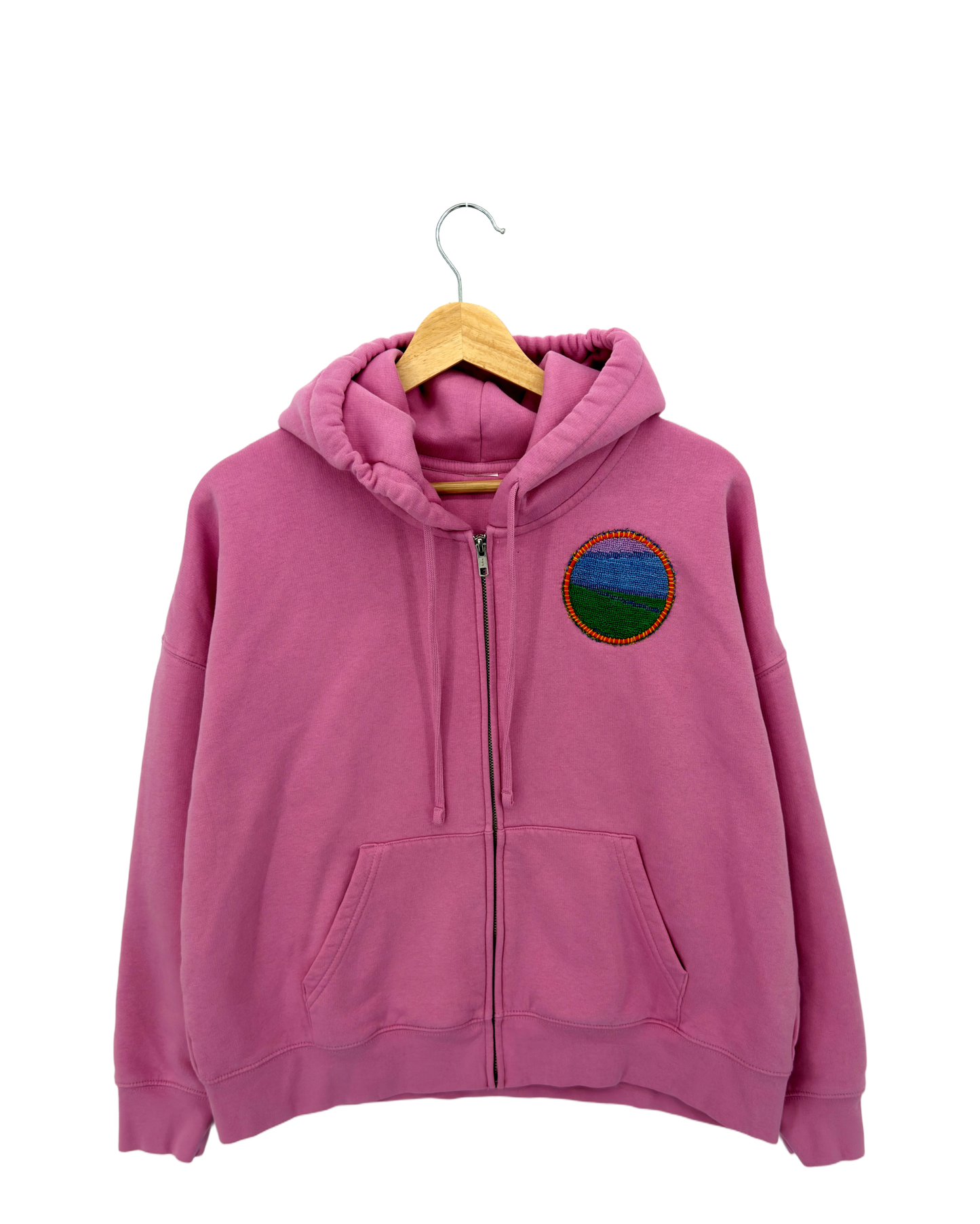 Large Pink Making a Scene Zip Up Hoodie — one-of-a-kind upcycled vintage beach towel piece, handmade by Kspek, view 2