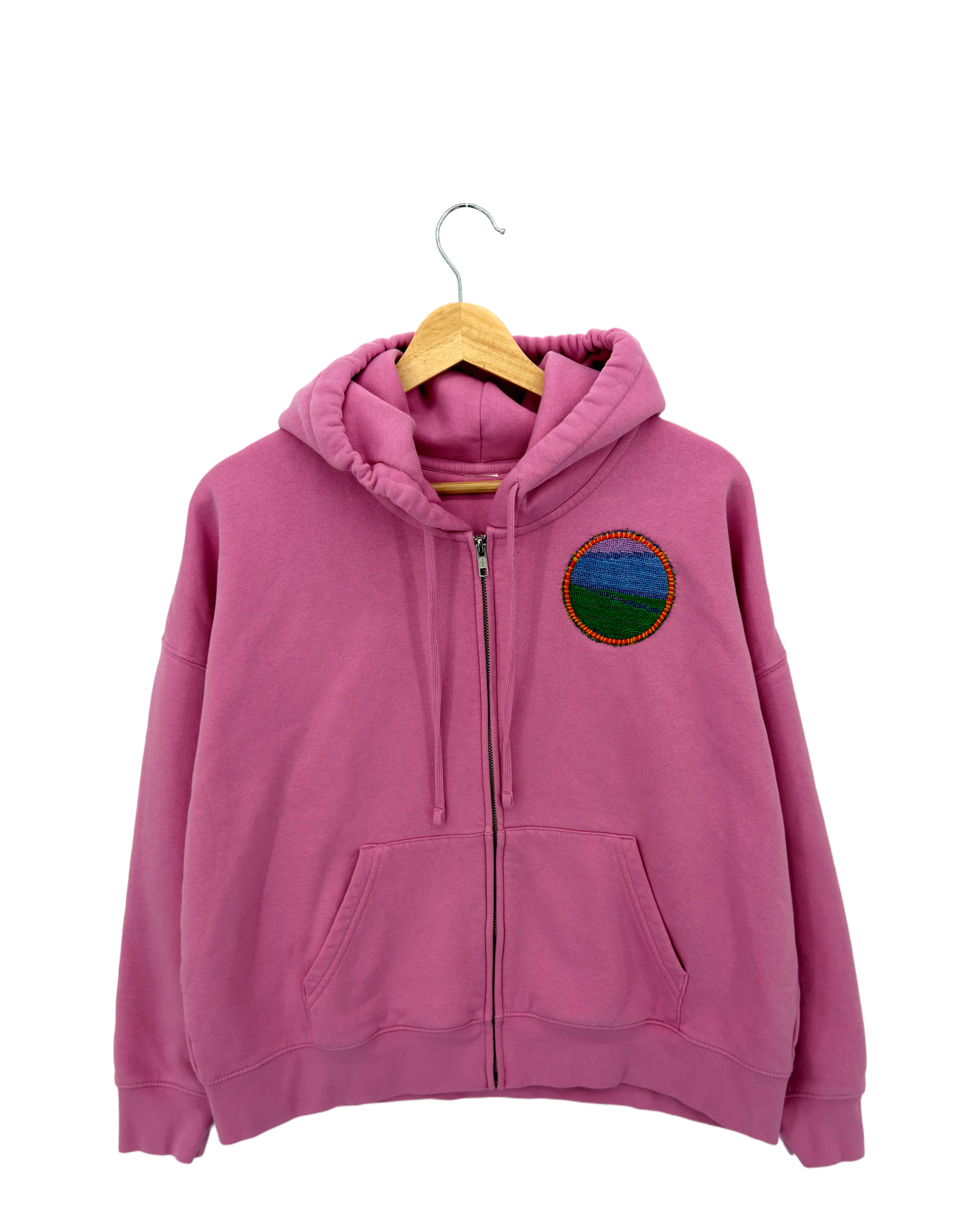 Large Pink Making a Scene Zip Up Hoodie — one-of-a-kind upcycled vintage beach towel piece, handmade by Kspek, view 2