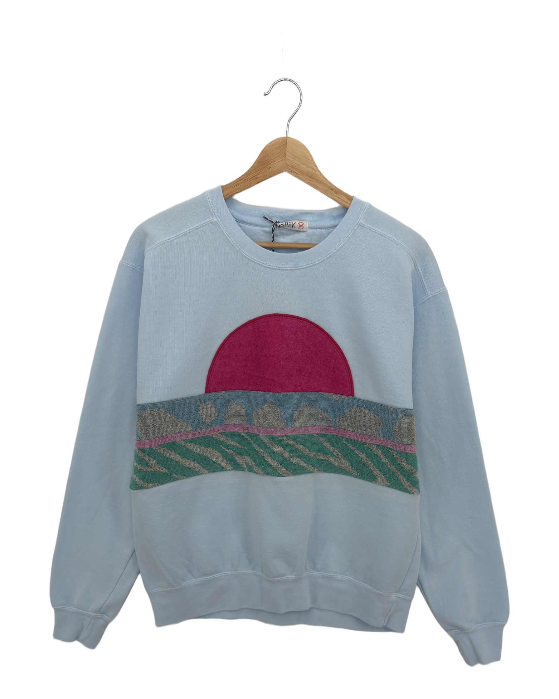 Medium Aqua Sunset Chaser "Coastal Bliss" — one-of-a-kind upcycled vintage beach towel sweatshirt, handmade by Kspek, view 3