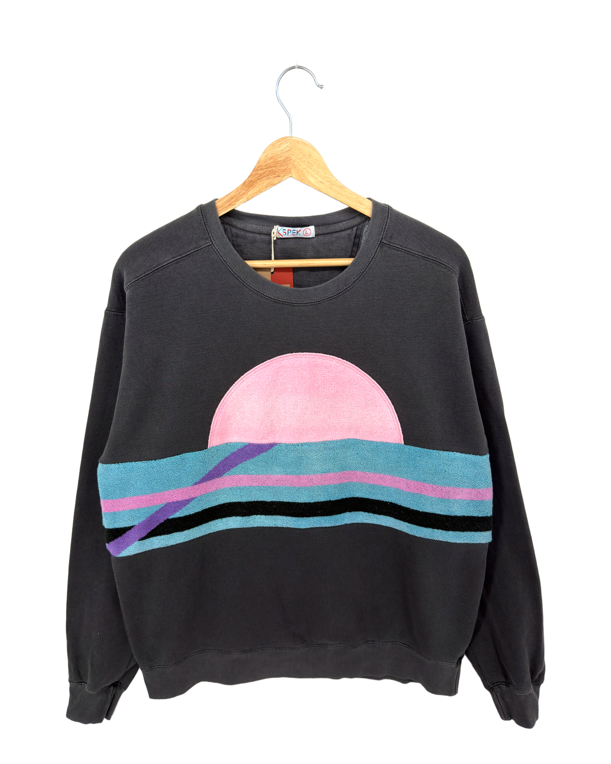 Large Pepper Sunset Chaser "Retro Sunset Blues" — one-of-a-kind upcycled vintage beach towel sweatshirt, handmade by Kspek, view 4