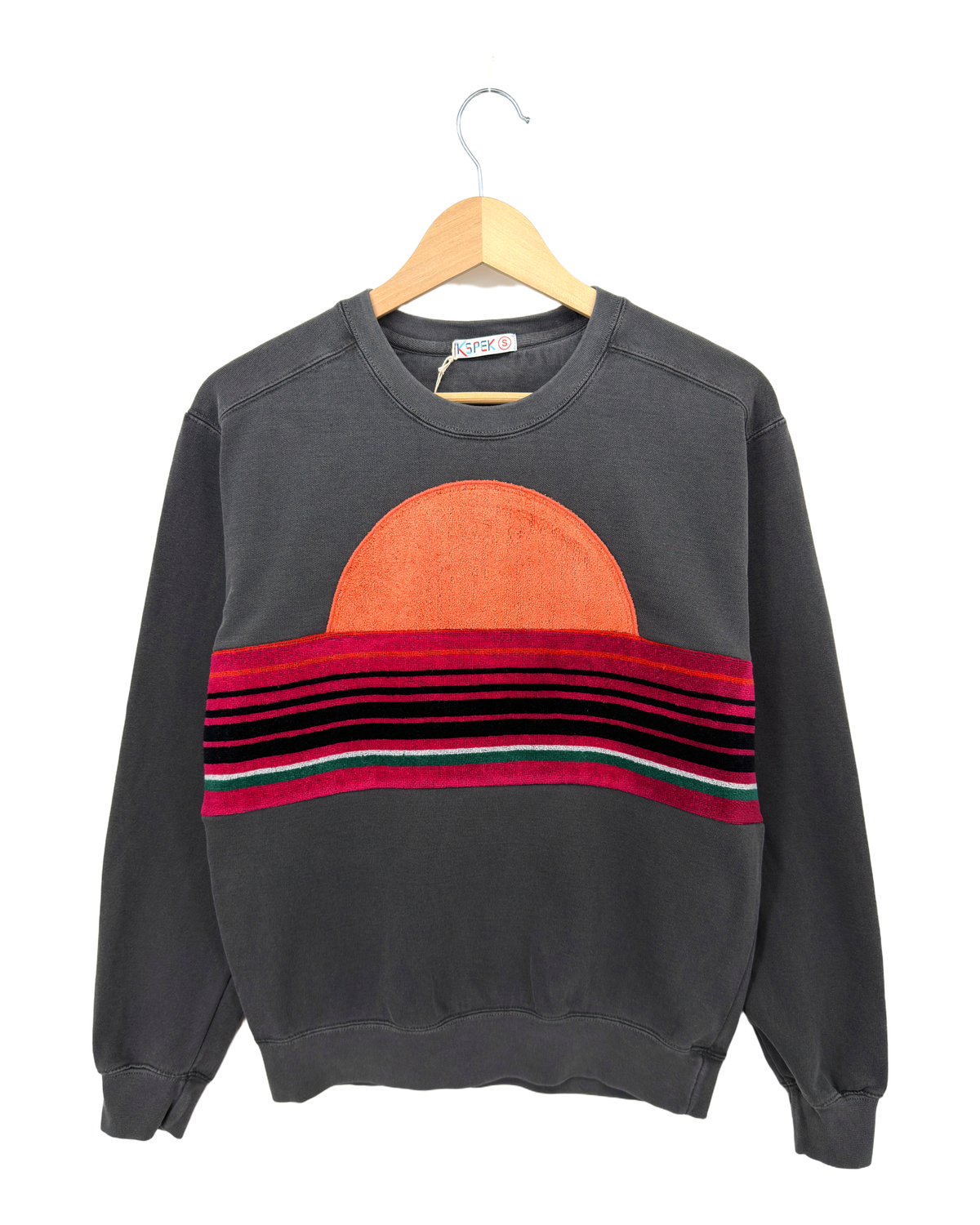 Small Pepper Sunset Chaser "Striped Sun Arch" — one-of-a-kind upcycled vintage beach towel sweatshirt, handmade by Kspek, view 4