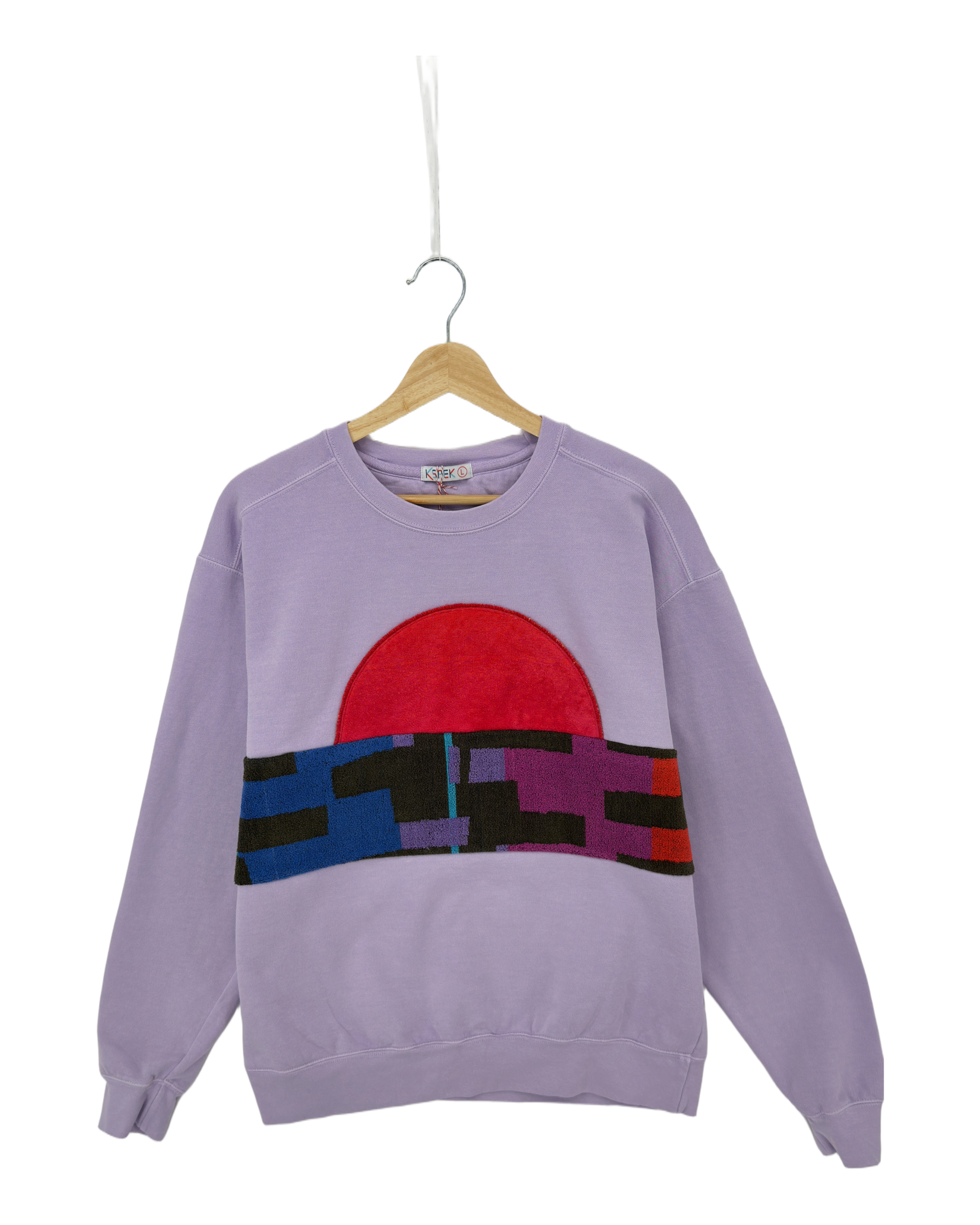 Large Lavender Sunset Chaser "Desert Vibes" — one-of-a-kind upcycled vintage beach towel sweatshirt, handmade by Kspek, view 3