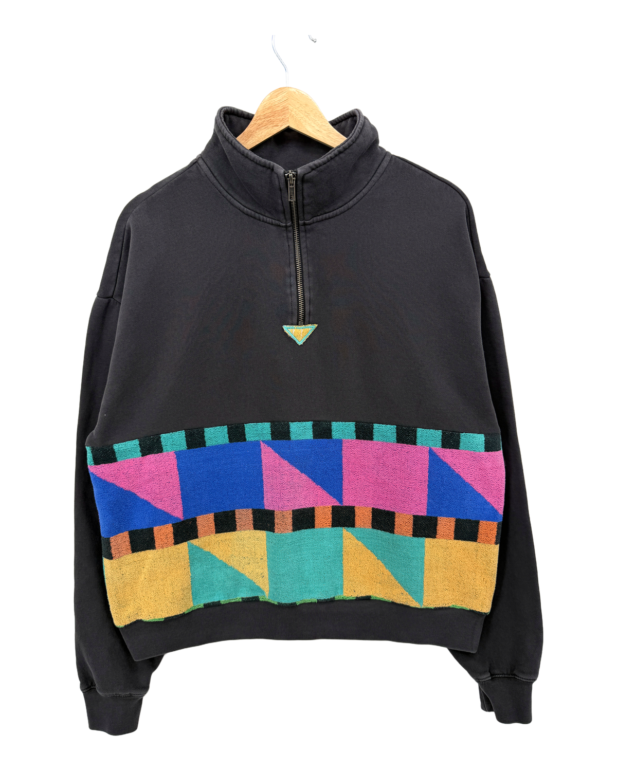 Small Faded Black 1/4 Zip "Memphis Pop" — handmade by Kspek from upcycled vintage textiles