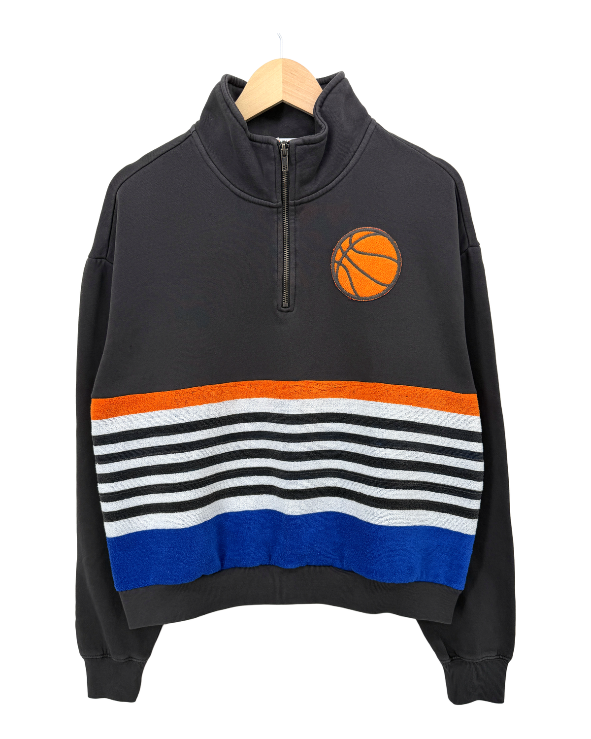 Small Faded Black 1/4 Zip "Basketball" — handmade by Kspek from upcycled vintage textiles