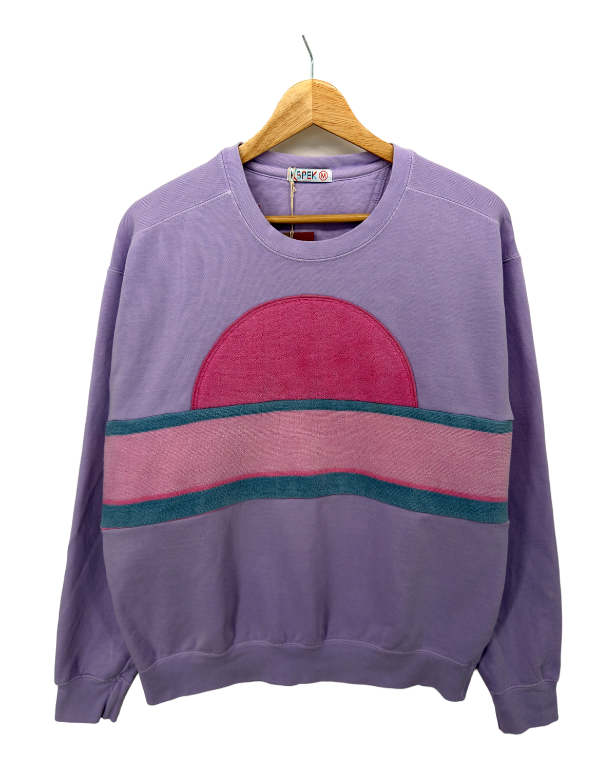 Medium Lavender Sunset Chaser "Berry Dusk Horizon" — one-of-a-kind upcycled vintage beach towel sweatshirt, handmade by Kspek, view 4
