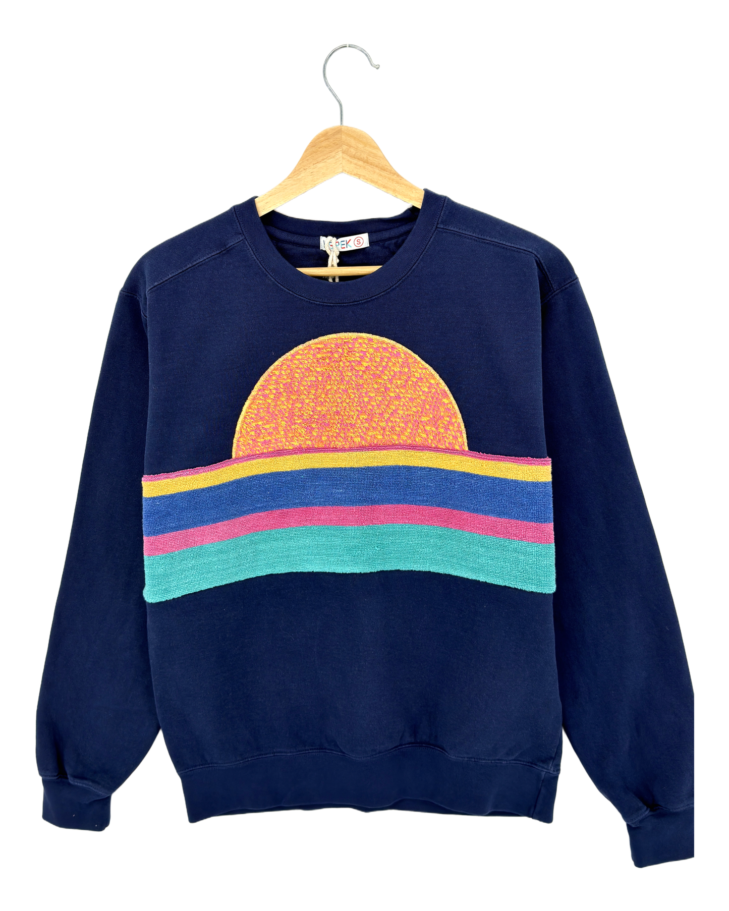 Small Navy Sunset Chaser "Retro Shoreline" — one-of-a-kind upcycled vintage beach towel sweatshirt, handmade by Kspek, view 3