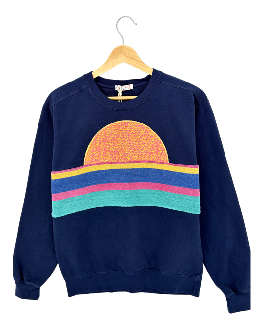 Small Navy Sunset Chaser "Retro Shoreline" — one-of-a-kind upcycled vintage beach towel sweatshirt, handmade by Kspek, view 3