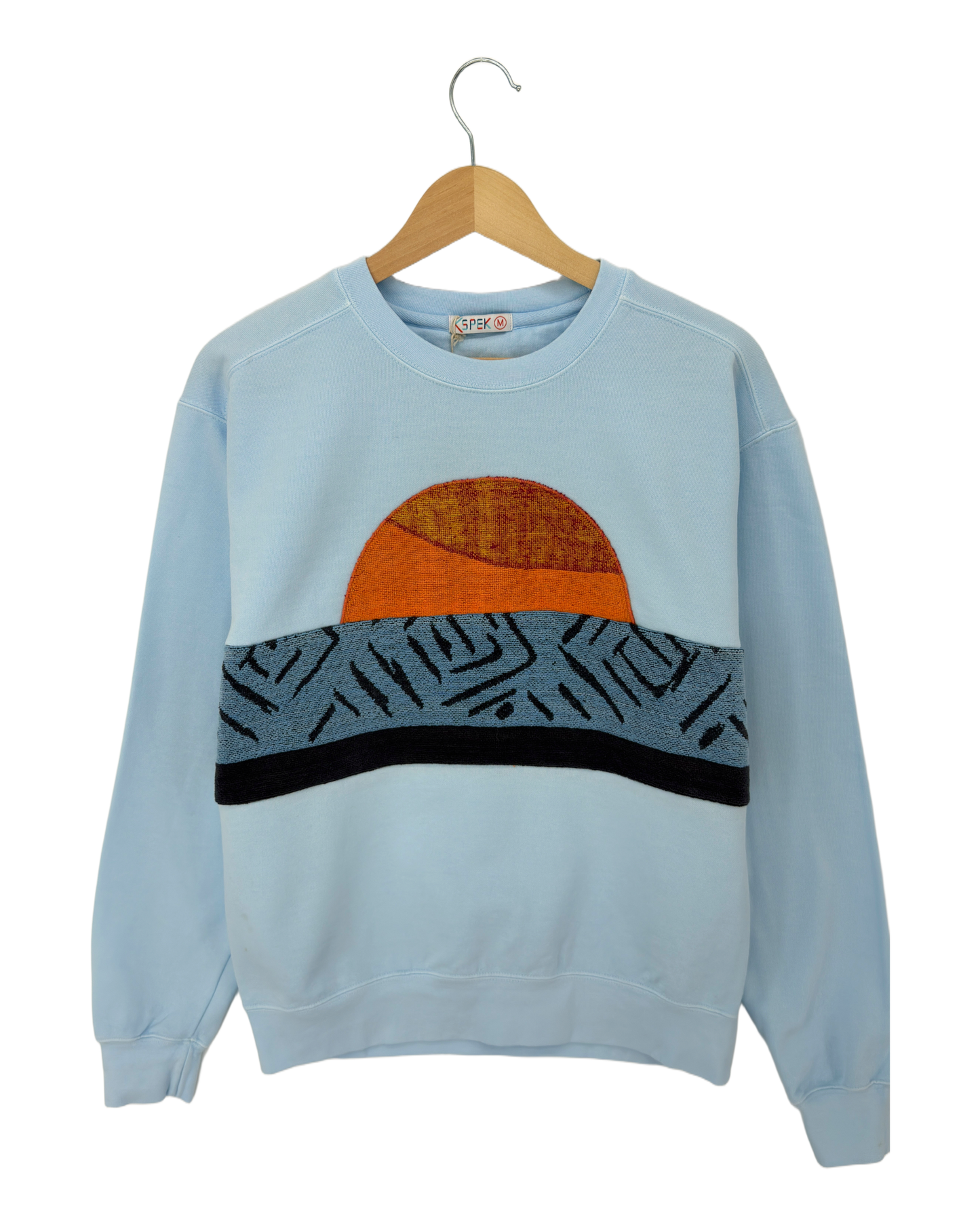 Medium Aqua Sunset Chaser "Ocean Horizon Escape" — one-of-a-kind upcycled vintage beach towel sweatshirt, handmade by Kspek, view 4