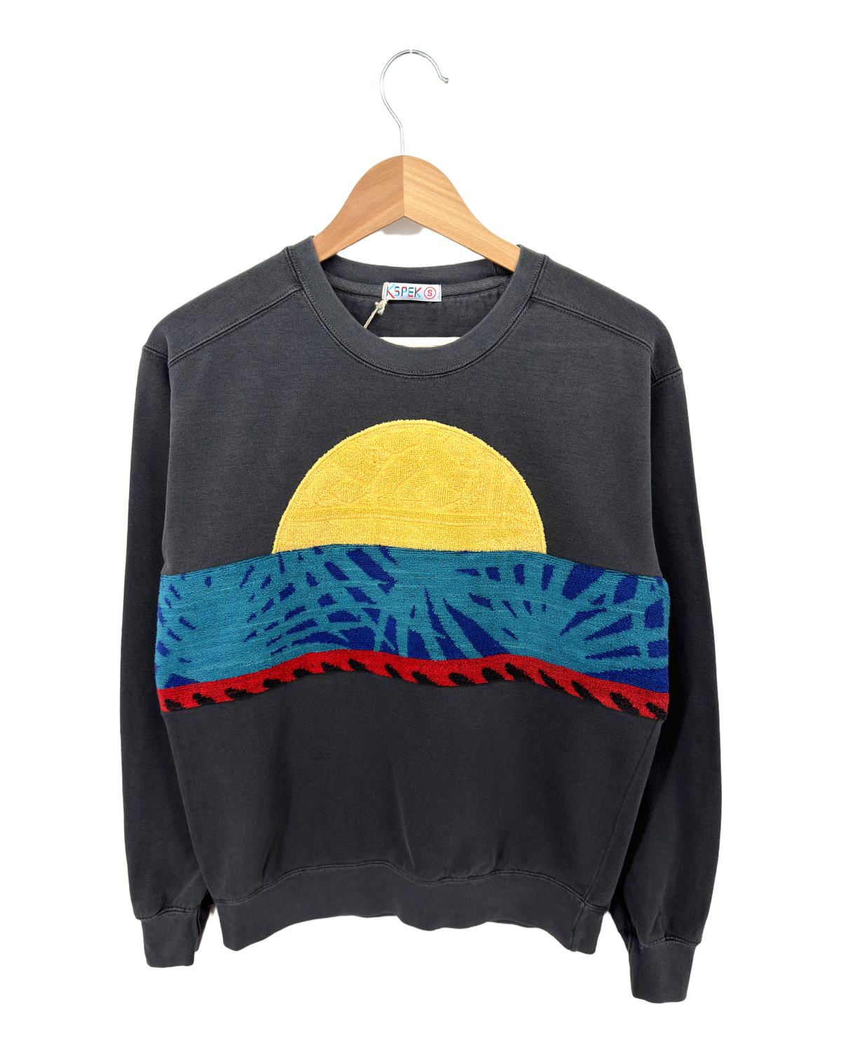 Small Pepper Sunset Chaser "Teal Palmetto Horizon" — one-of-a-kind upcycled vintage beach towel sweatshirt, handmade by Kspek, view 4