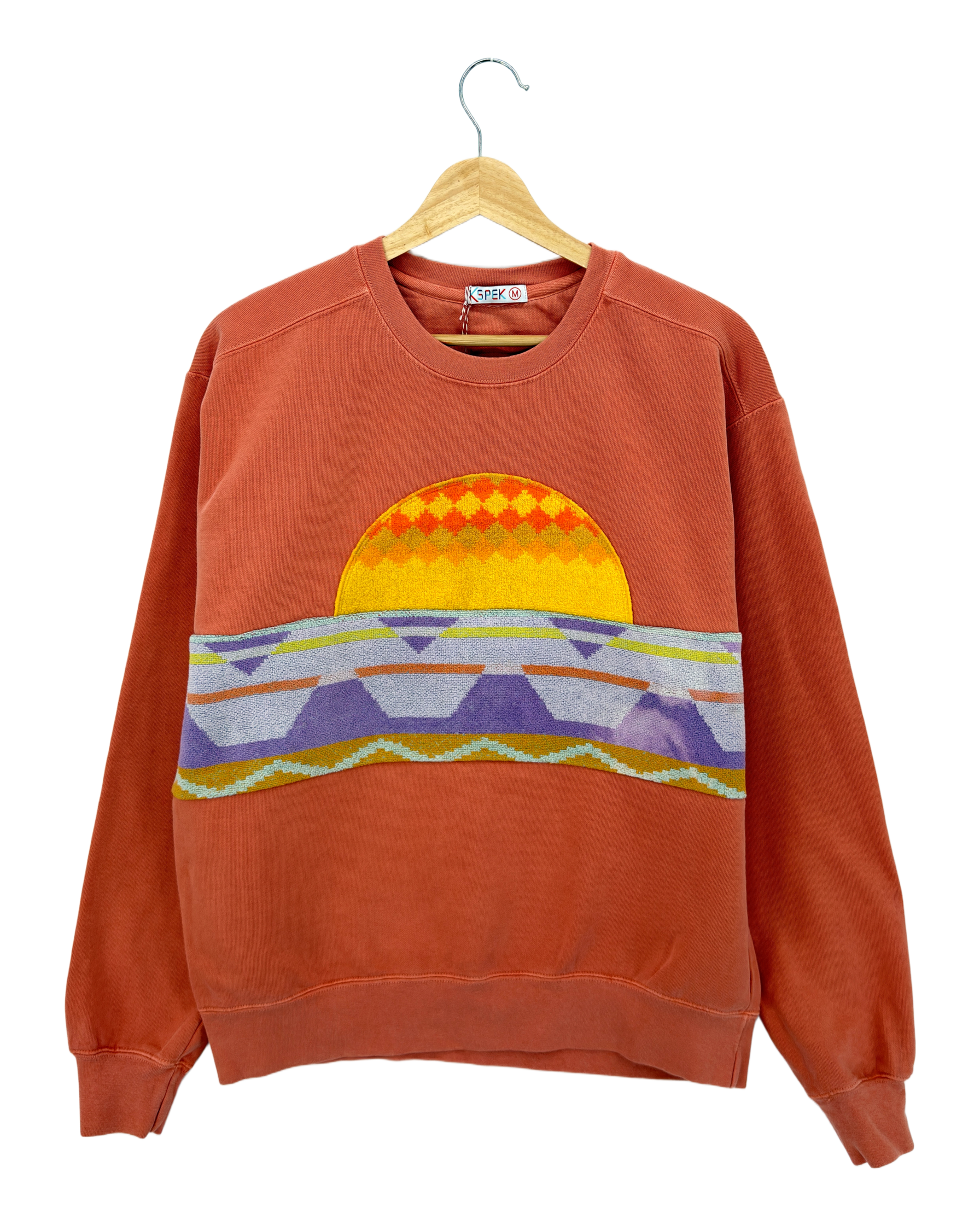 Medium Terracotta Sunset Chaser "Coastal Mosaic" — one-of-a-kind upcycled vintage beach towel sweatshirt, handmade by Kspek, view 3
