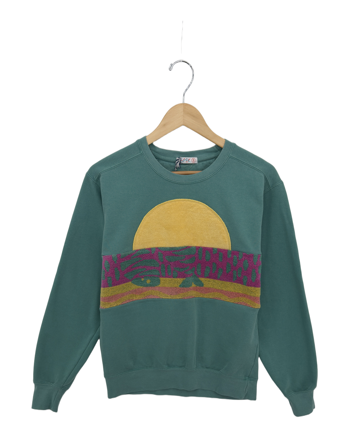 Small Light Jade Sunset Chaser "Waves of Joy" — one-of-a-kind upcycled vintage beach towel sweatshirt, handmade by Kspek, view 3