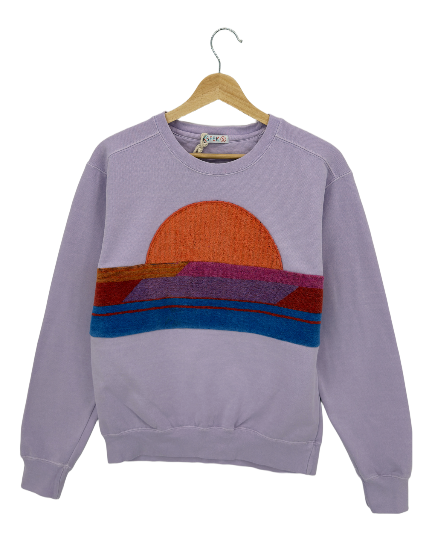 Small Lavender Sunset Chaser "Desert Dreamscape" — one-of-a-kind upcycled vintage beach towel sweatshirt, handmade by Kspek, view 3